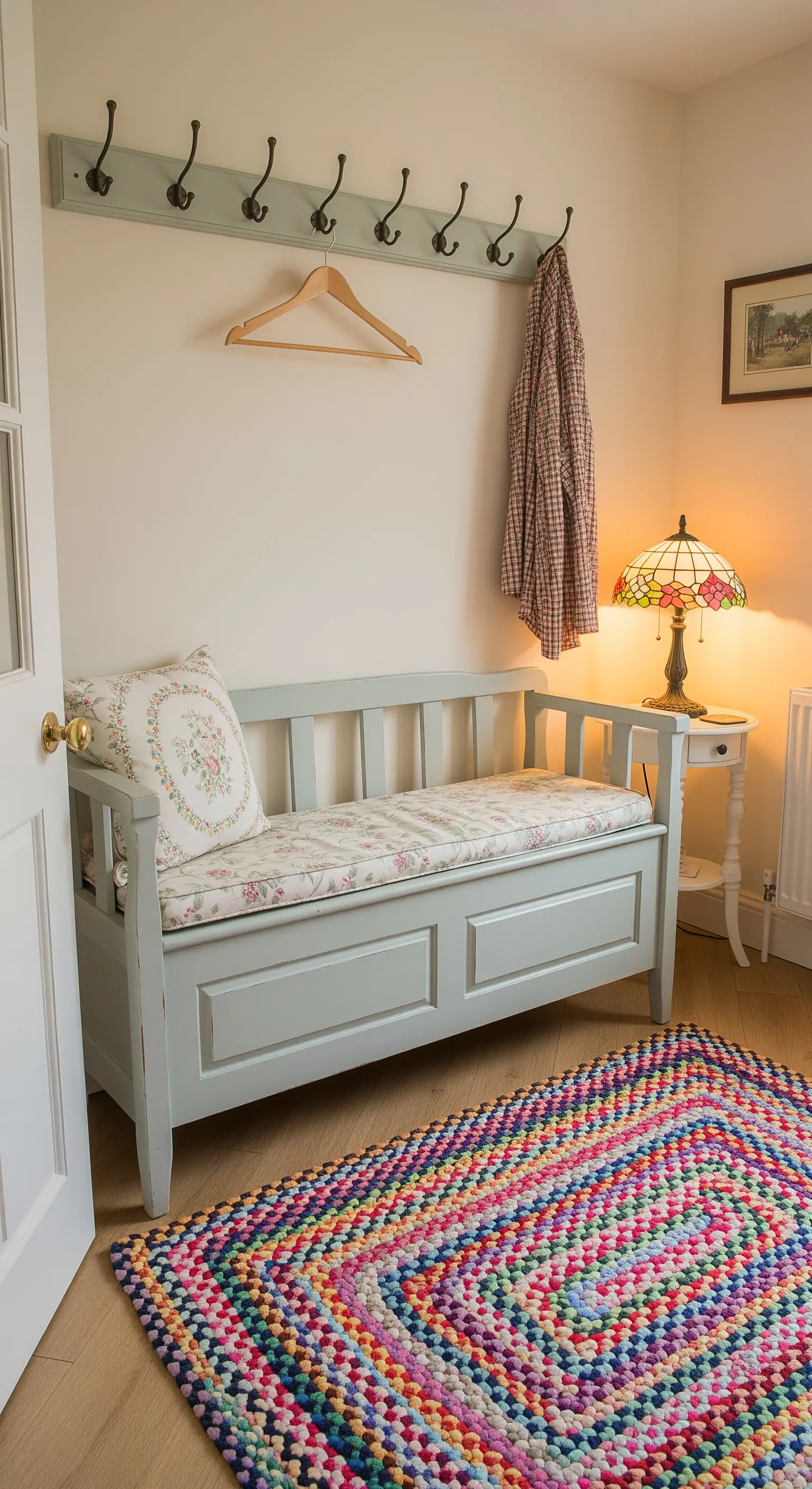 Ingresso in stile cottage con panca celeste, cuscini floreali e tappeto intrecciato colorato.