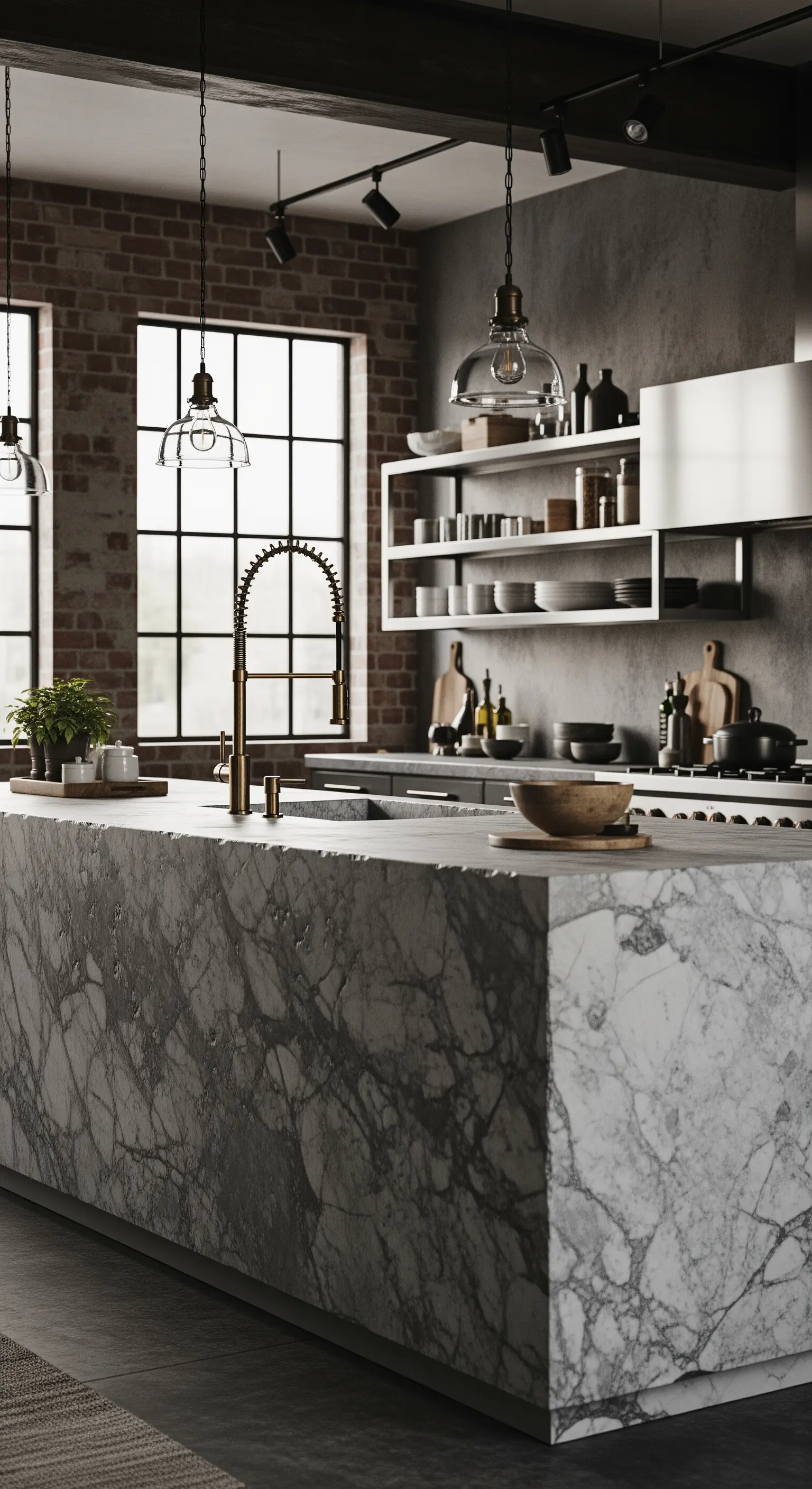 Isola in marmo grigio venato in una cucina in stile industriale con mattoni a vista.
