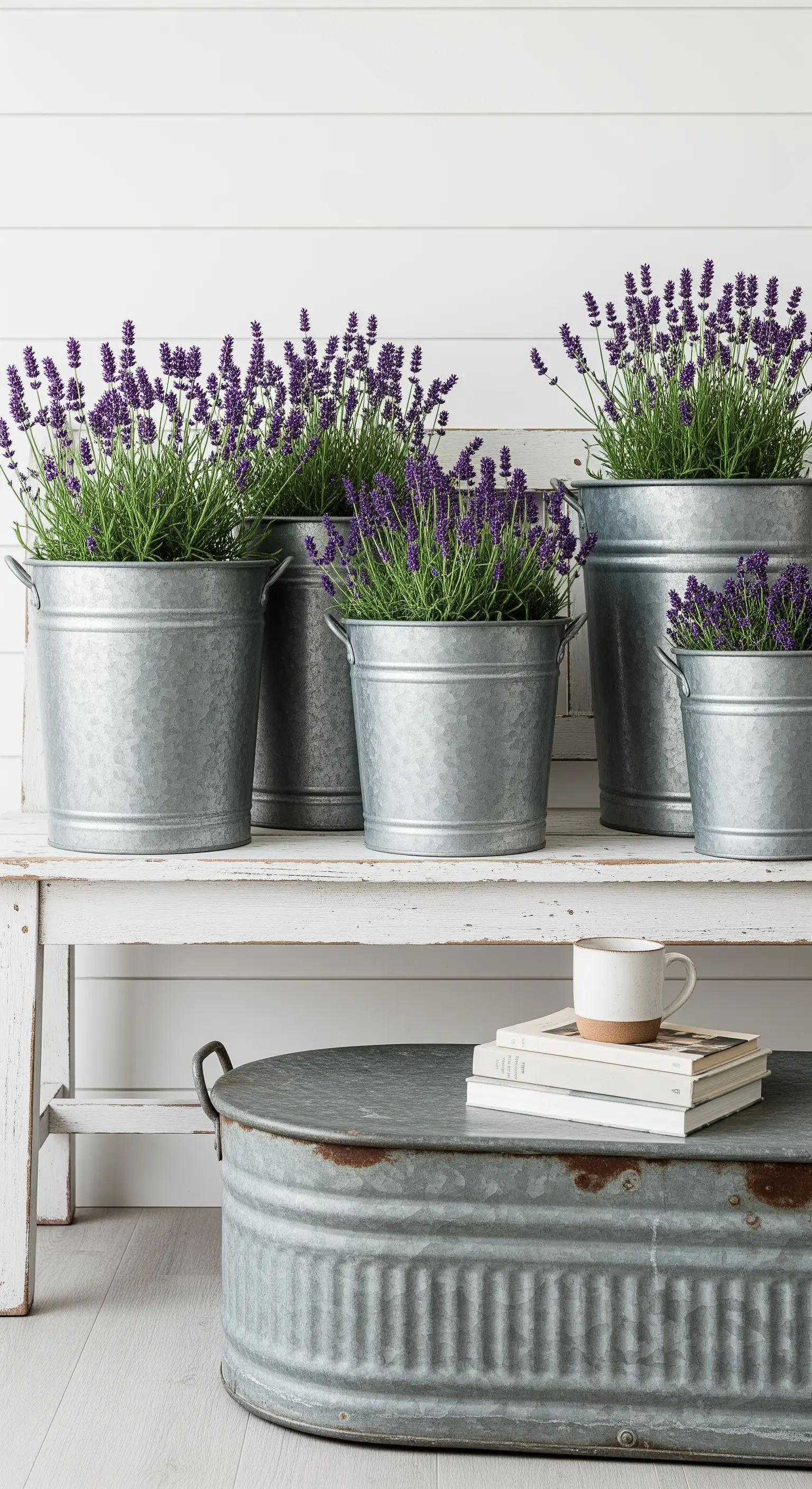 Composizione di secchi di zinco con piante di lavanda su una panca di legno bianco