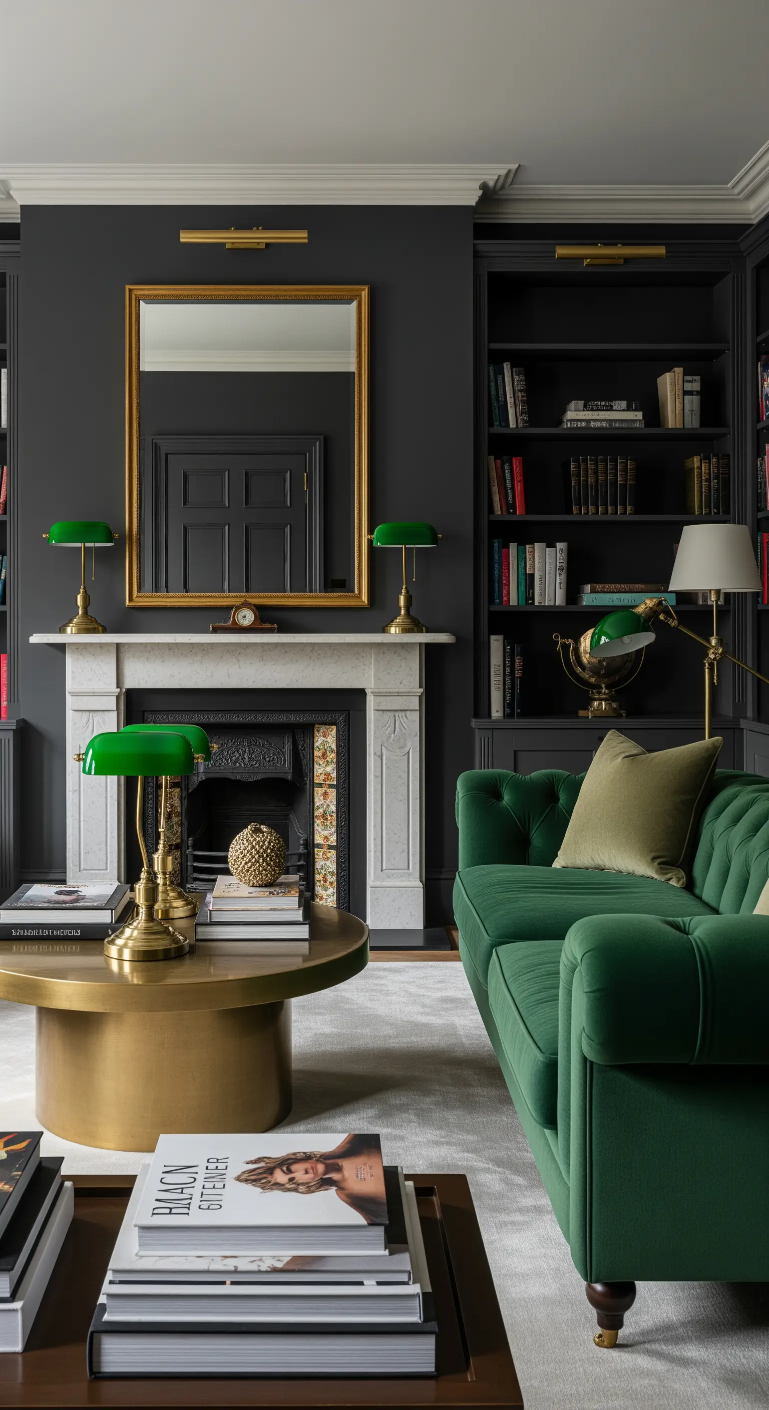 Salotto scuro con divano Chesterfield verde, librerie a muro nere e tavolino rotondo in ottone.