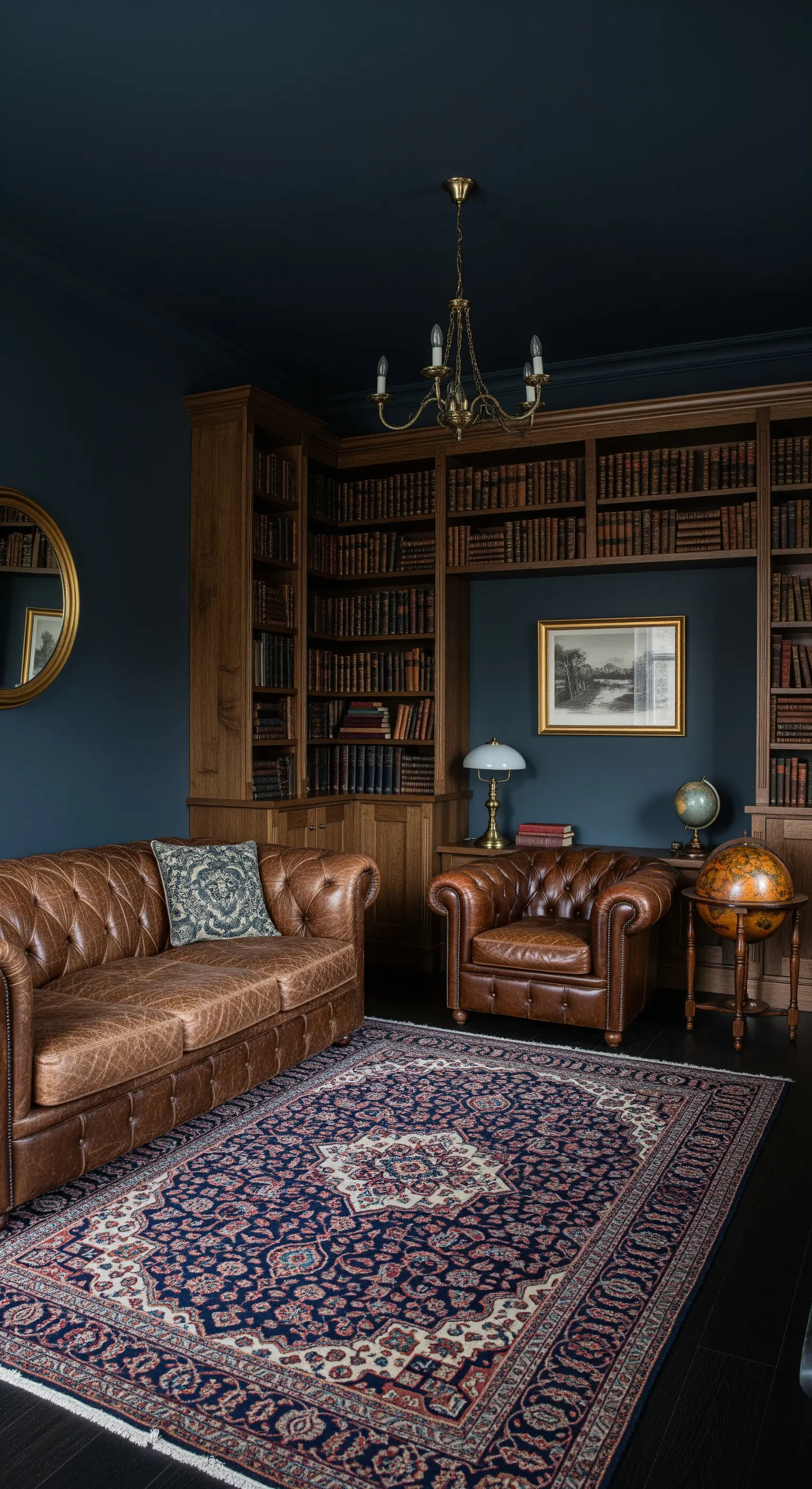 Biblioteca con pareti blu scuro, scaffalature in legno e divano chesterfield in pelle marrone.