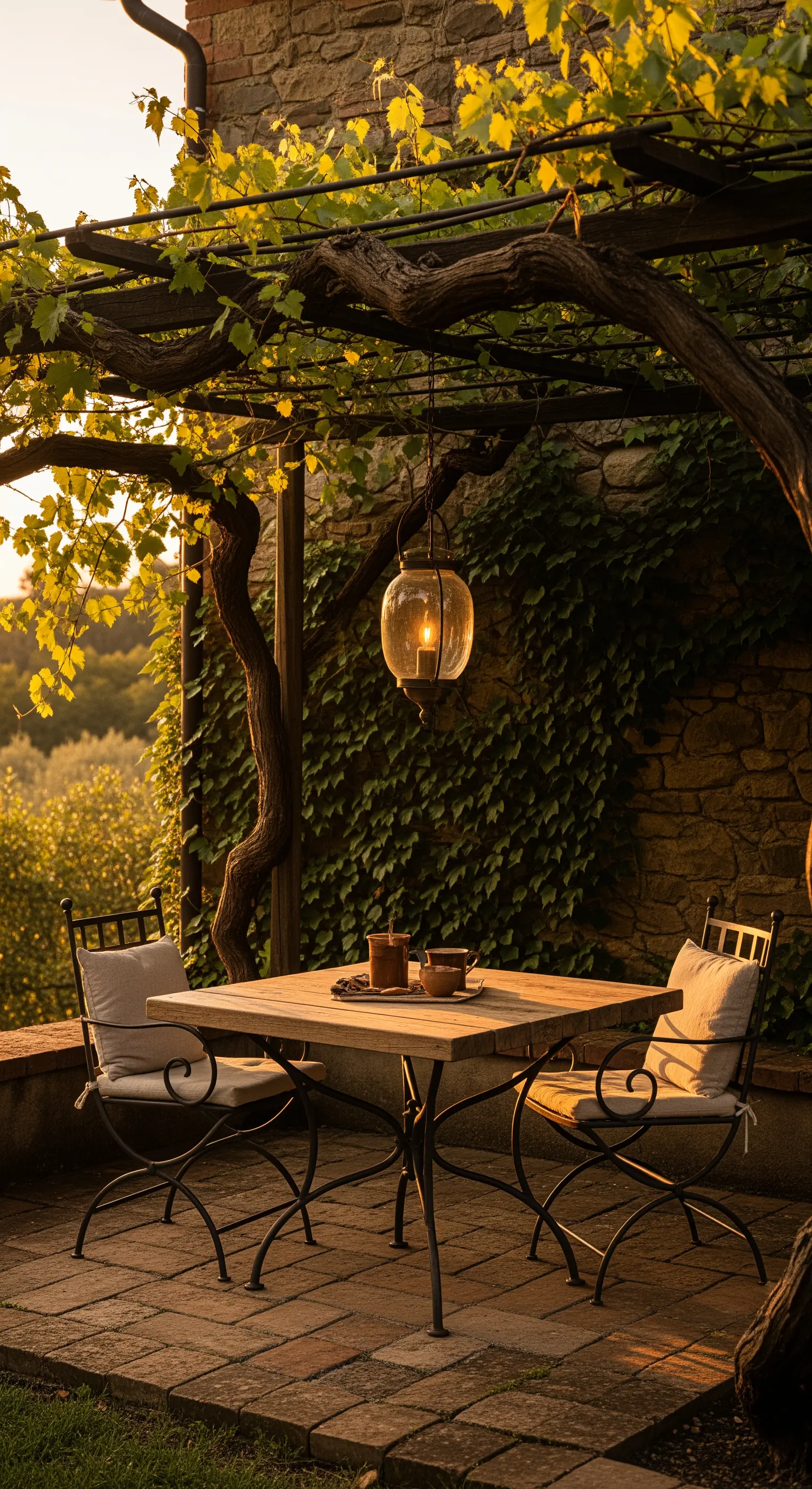 Tavolo e sedie in ferro battuto sotto un pergolato al tramonto
