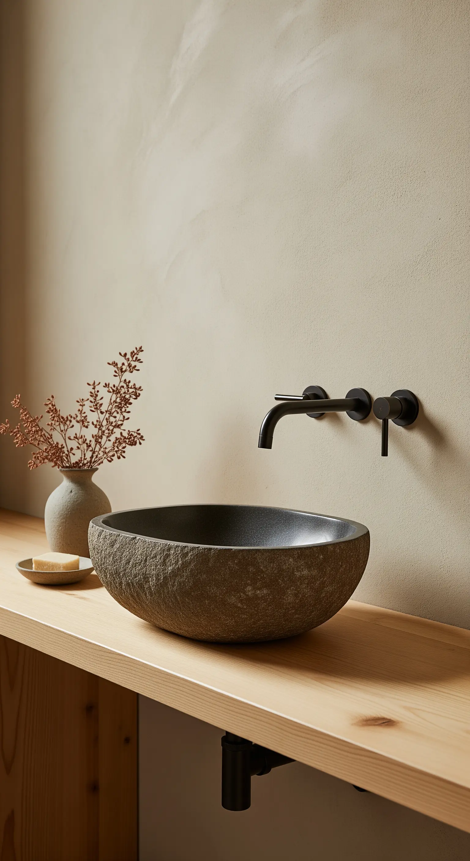 Lavabo in pietra grezza su mensola di legno con rubinetto nero a parete.