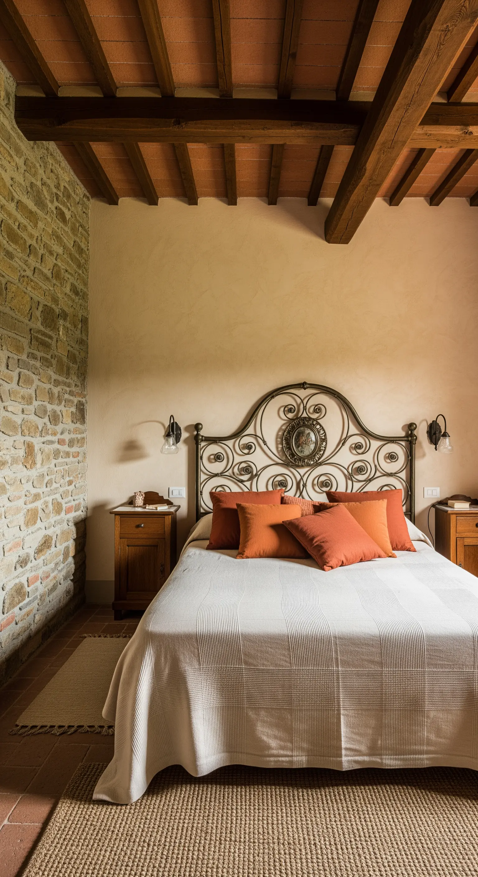 Camera da letto rustica con parete in pietra, soffitto con travi in legno e letto in ferro battuto.