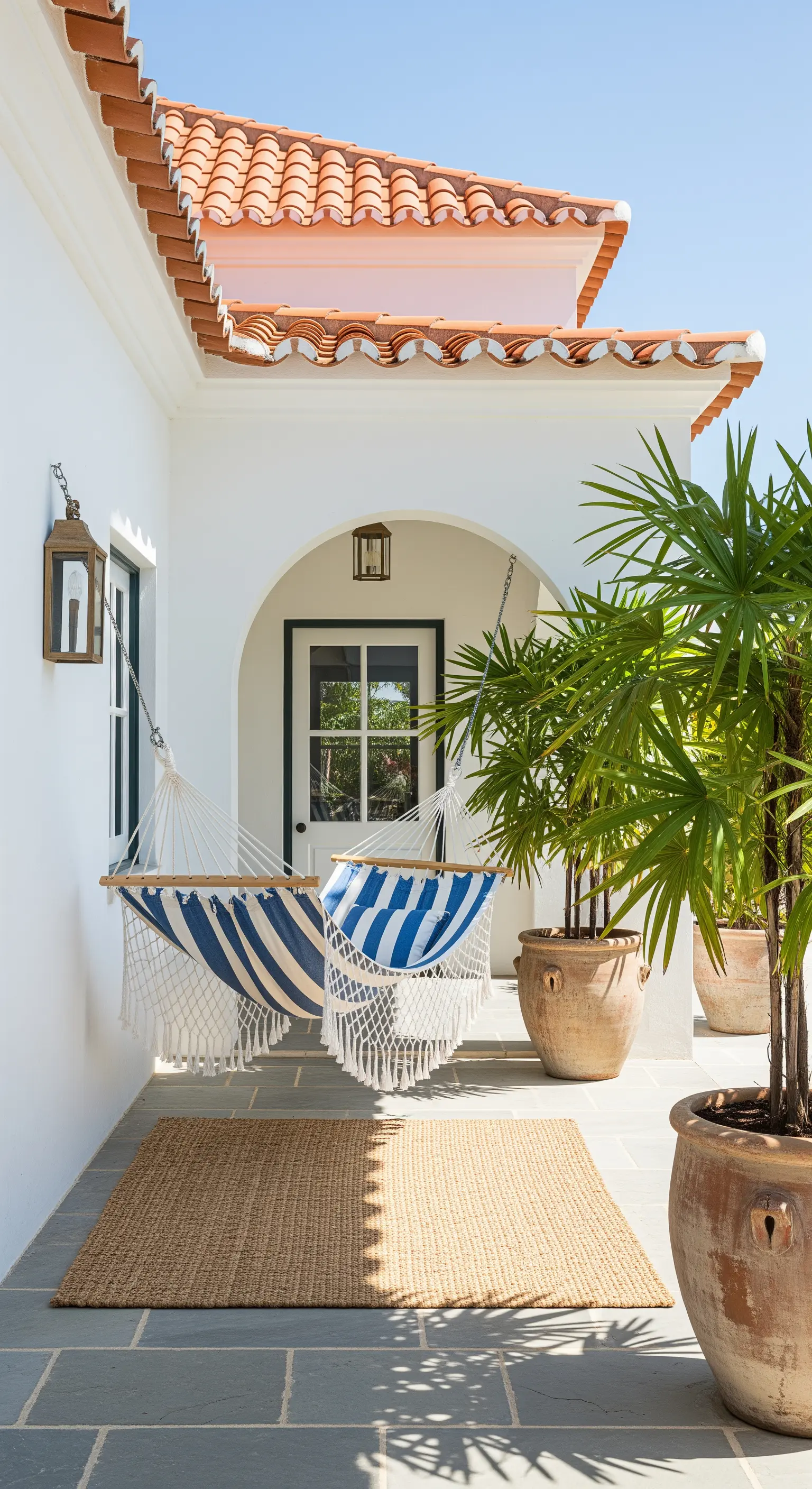 Patio mediterraneo con amaca a righe bianche e blu, pareti bianche e palme.