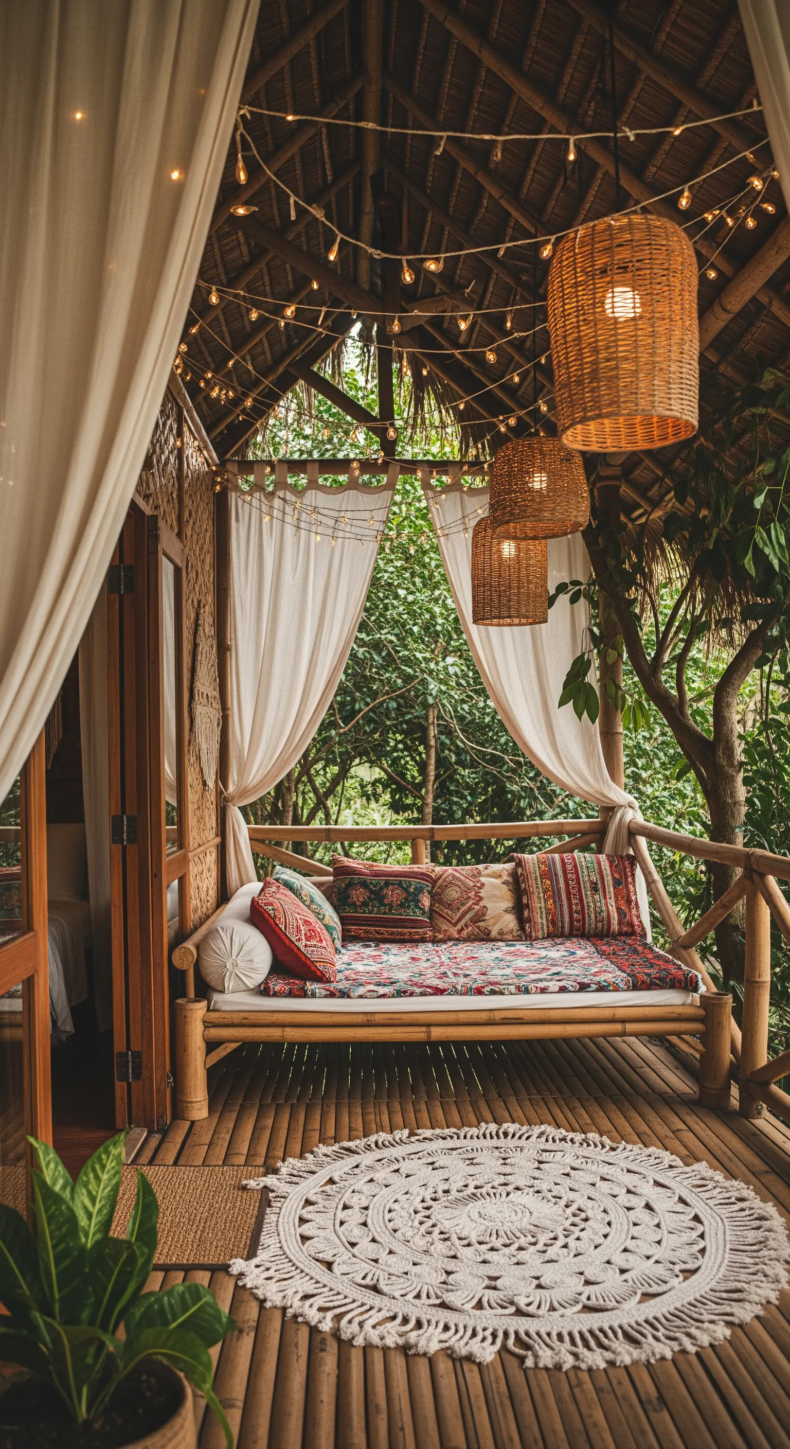 Balcone esotico in bambù con daybed, cuscini colorati, tappeto in macramè e lampade in rattan