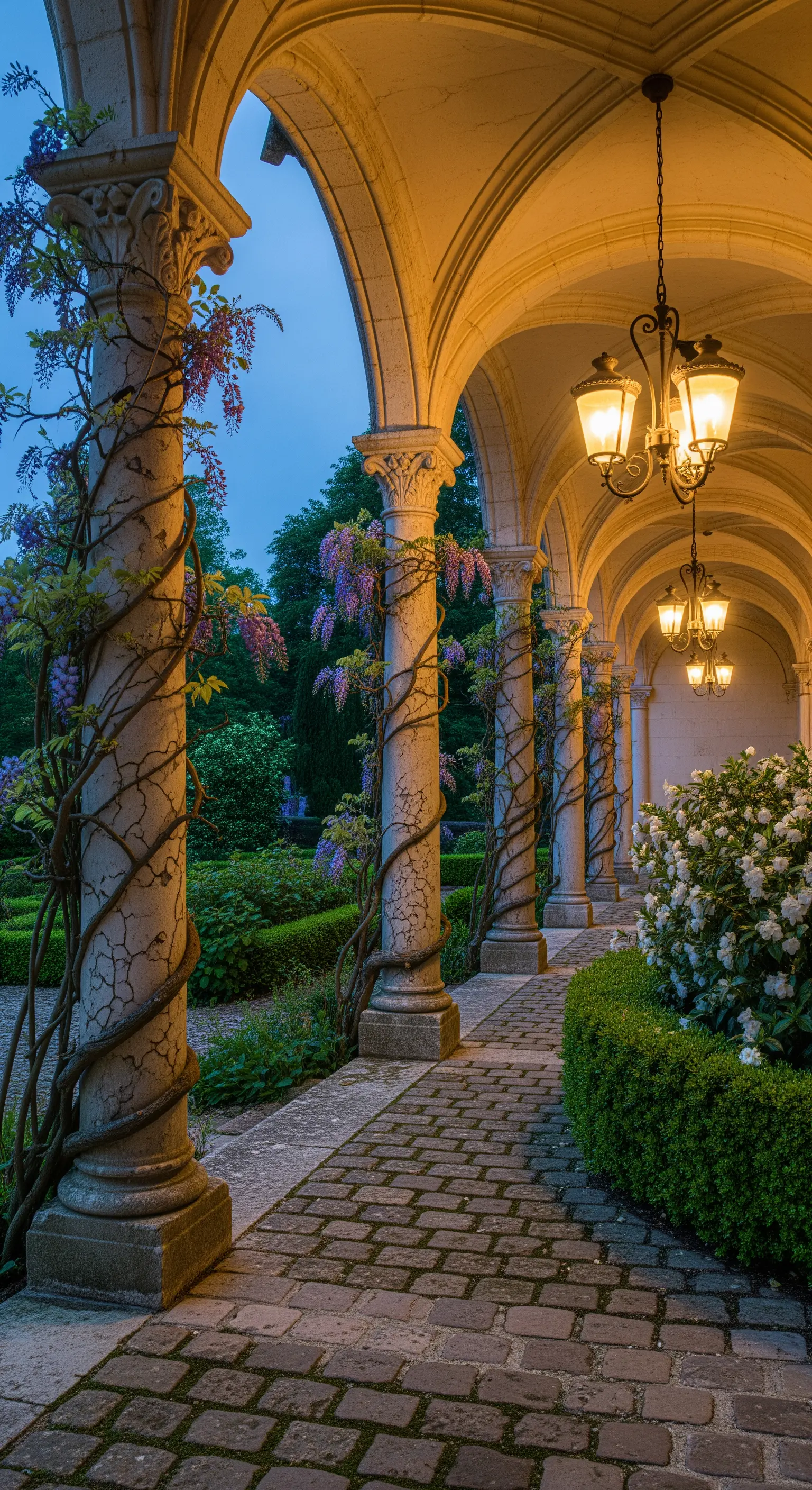 Portico in pietra con colonne avvolte dal glicine in fiore e lanterne calde.