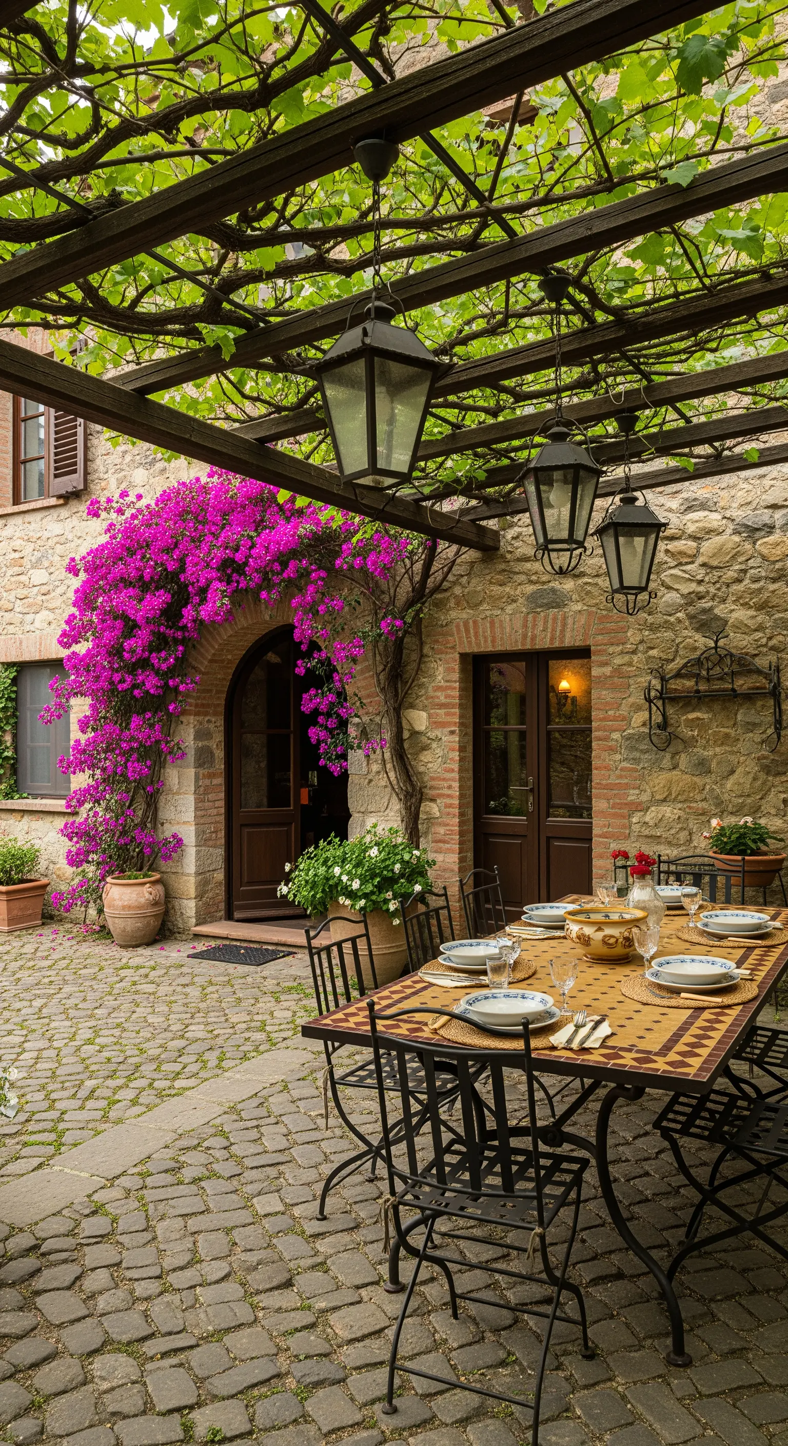 Cortile in pietra con tavolo da pranzo in mosaico, sedie in ferro e pergolato di vite.