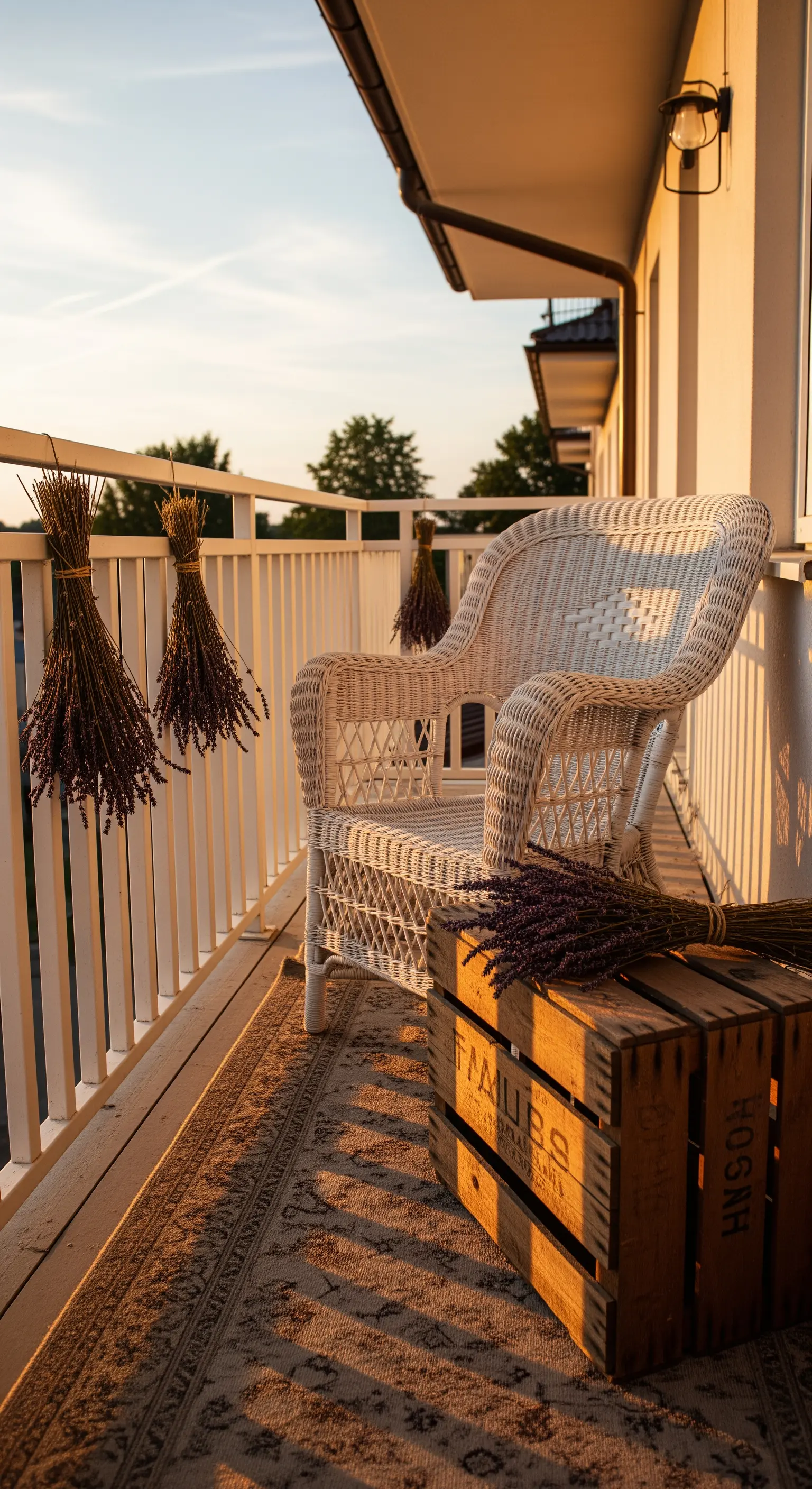 Poltrona in vimini bianco su un balcone al tramonto, con mazzi di lavanda appesi alla ringhiera