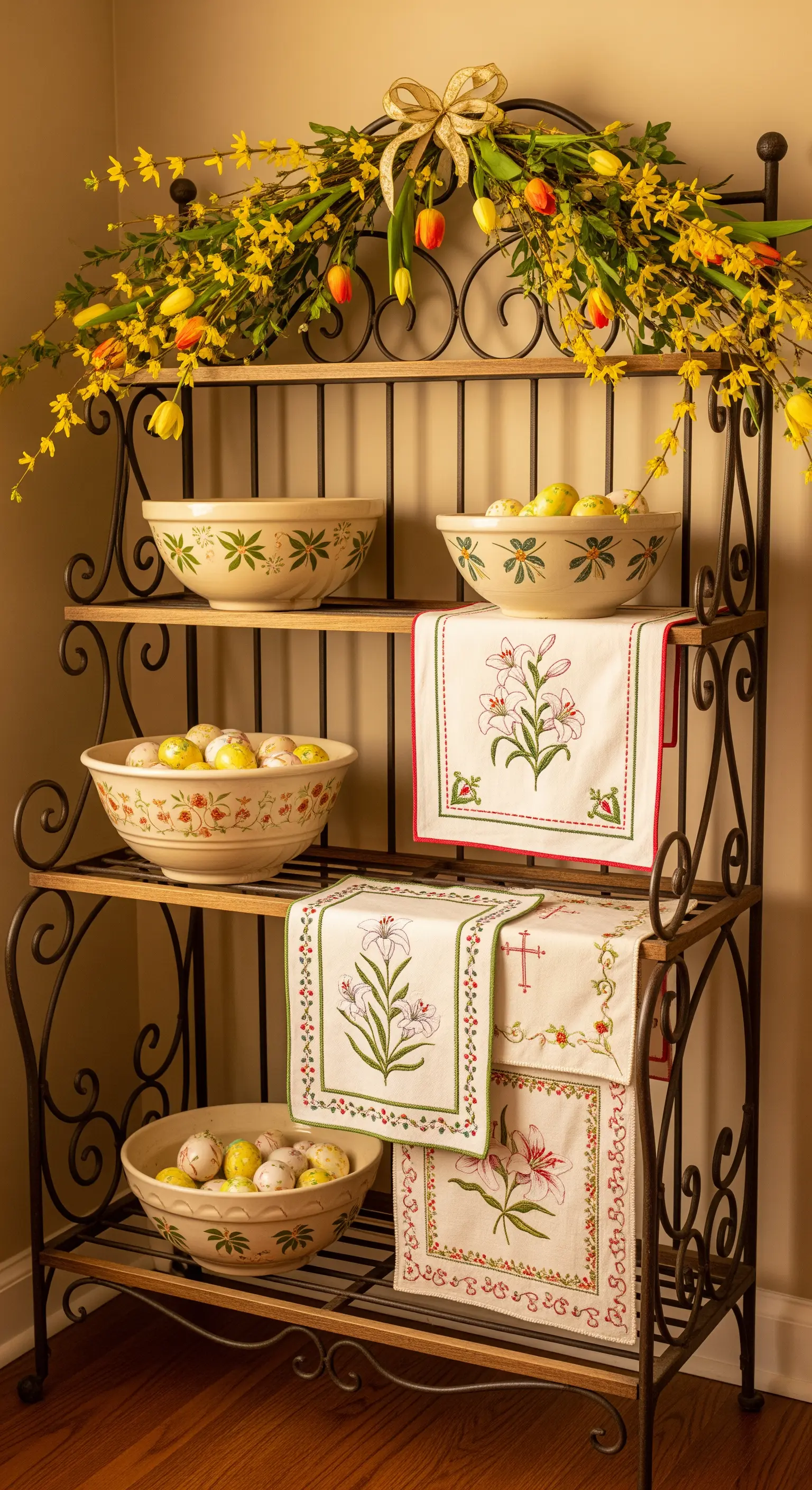 Scaffalatura in ferro battuto decorata con una ghirlanda di forsizia e ciotole di uova pasquali.