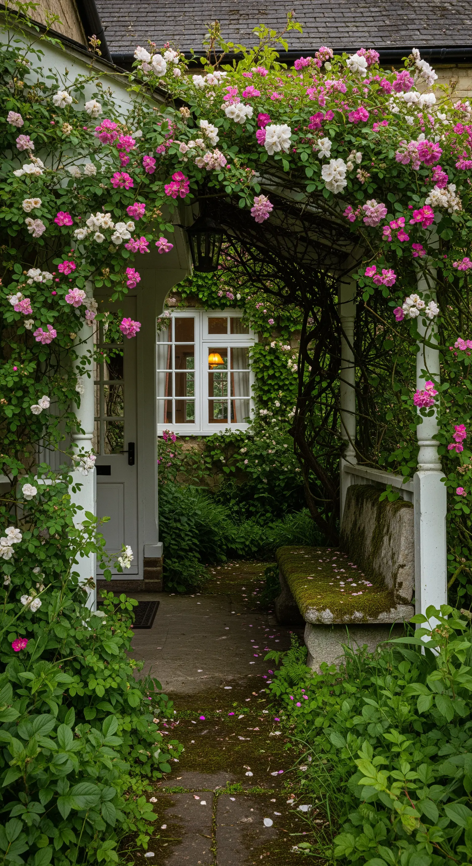 Portico di un cottage avvolto da rose rampicanti, con una panca in pietra coperta di muschio.