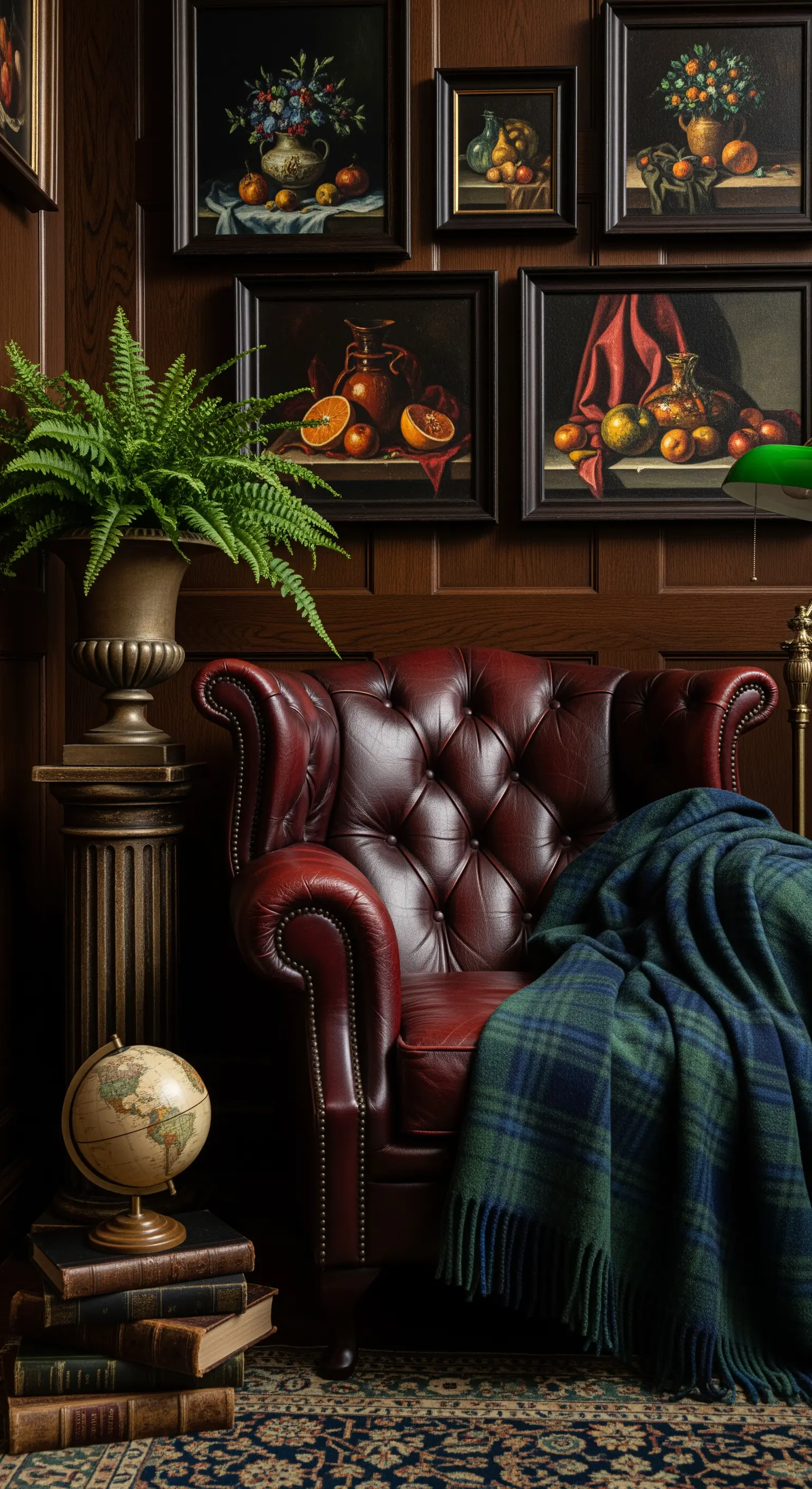 Poltrona Chesterfield in pelle bordeaux in un ambiente con boiserie, quadri classici e un globo.