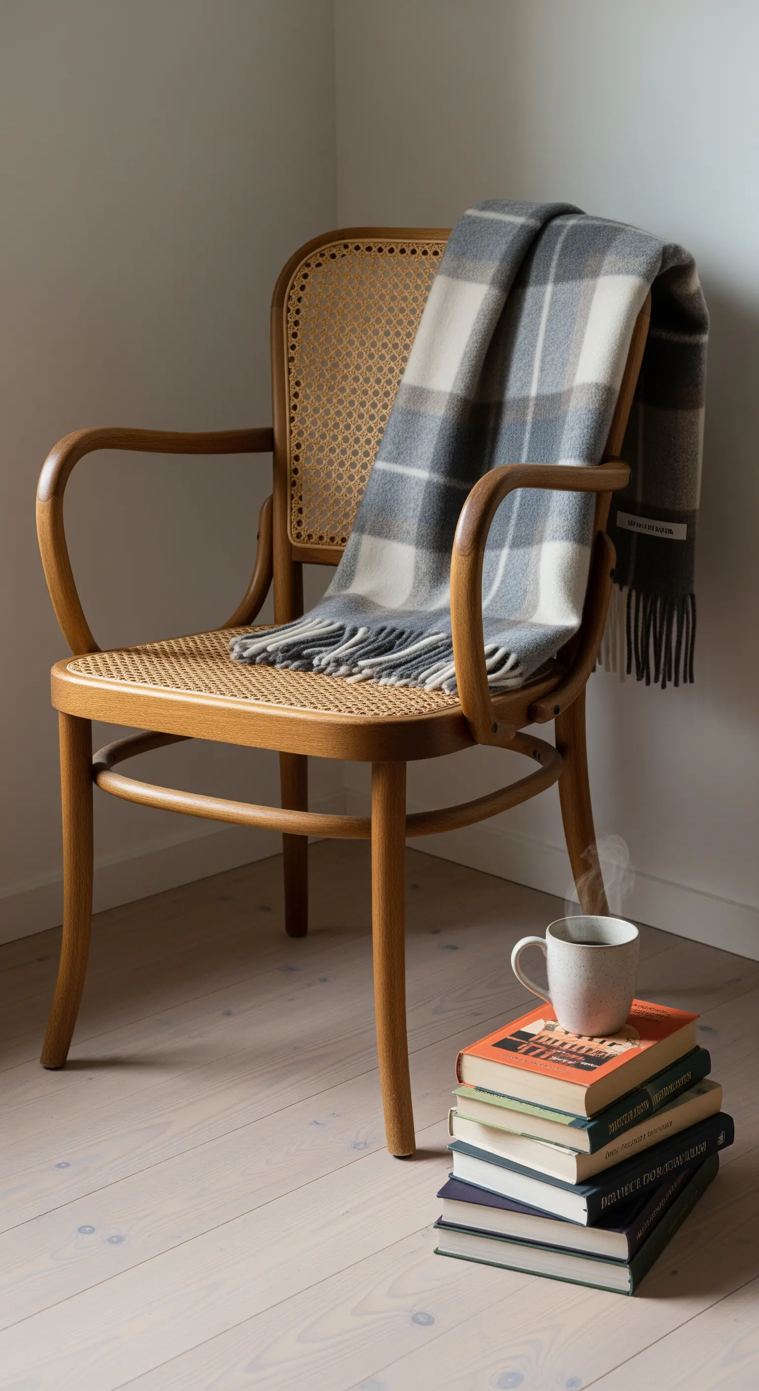 Sedia in legno curvato e paglia di Vienna con un plaid a quadri, accanto a una pila di libri.