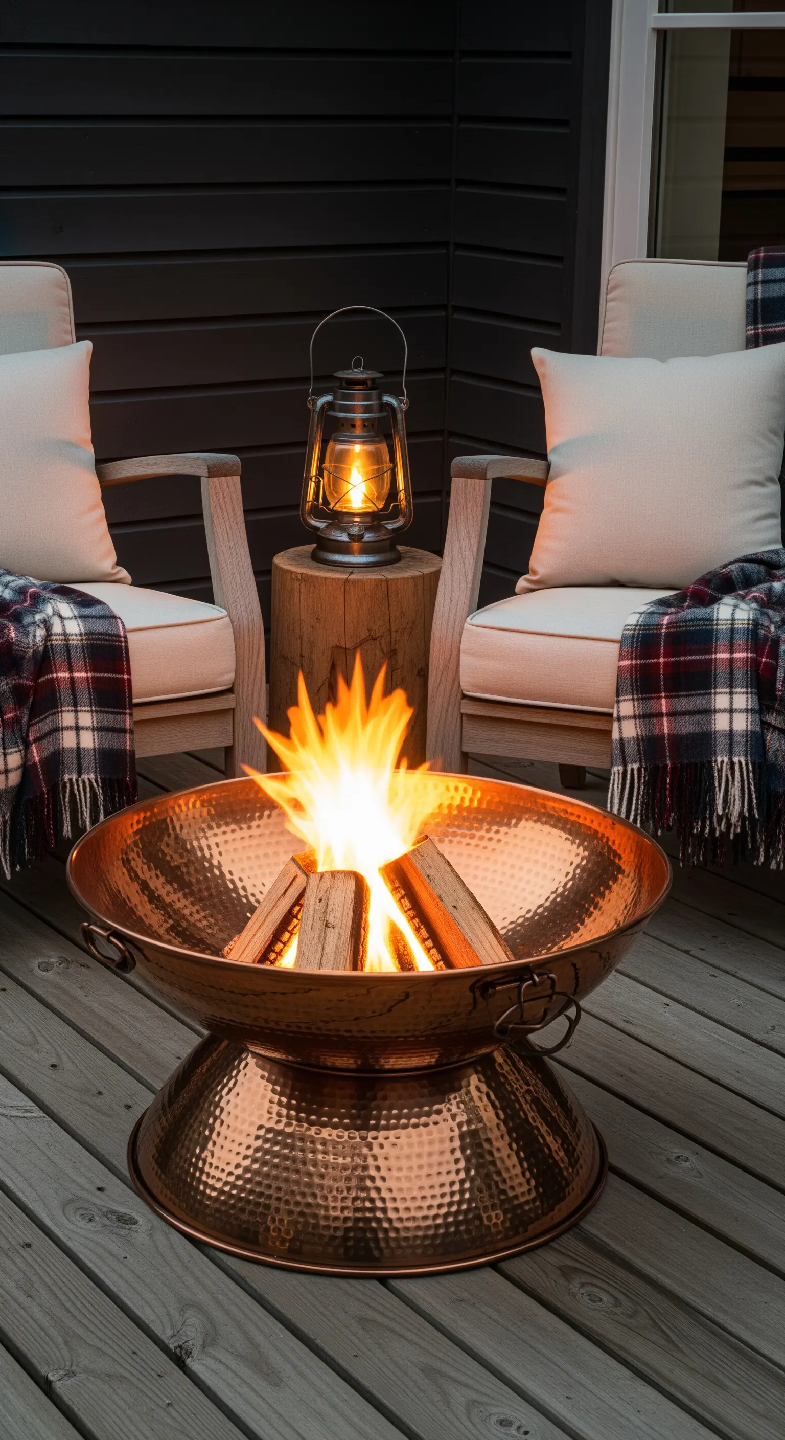 Coppia di poltrone in legno con plaid scozzese e un braciere in rame martellato su un deck.