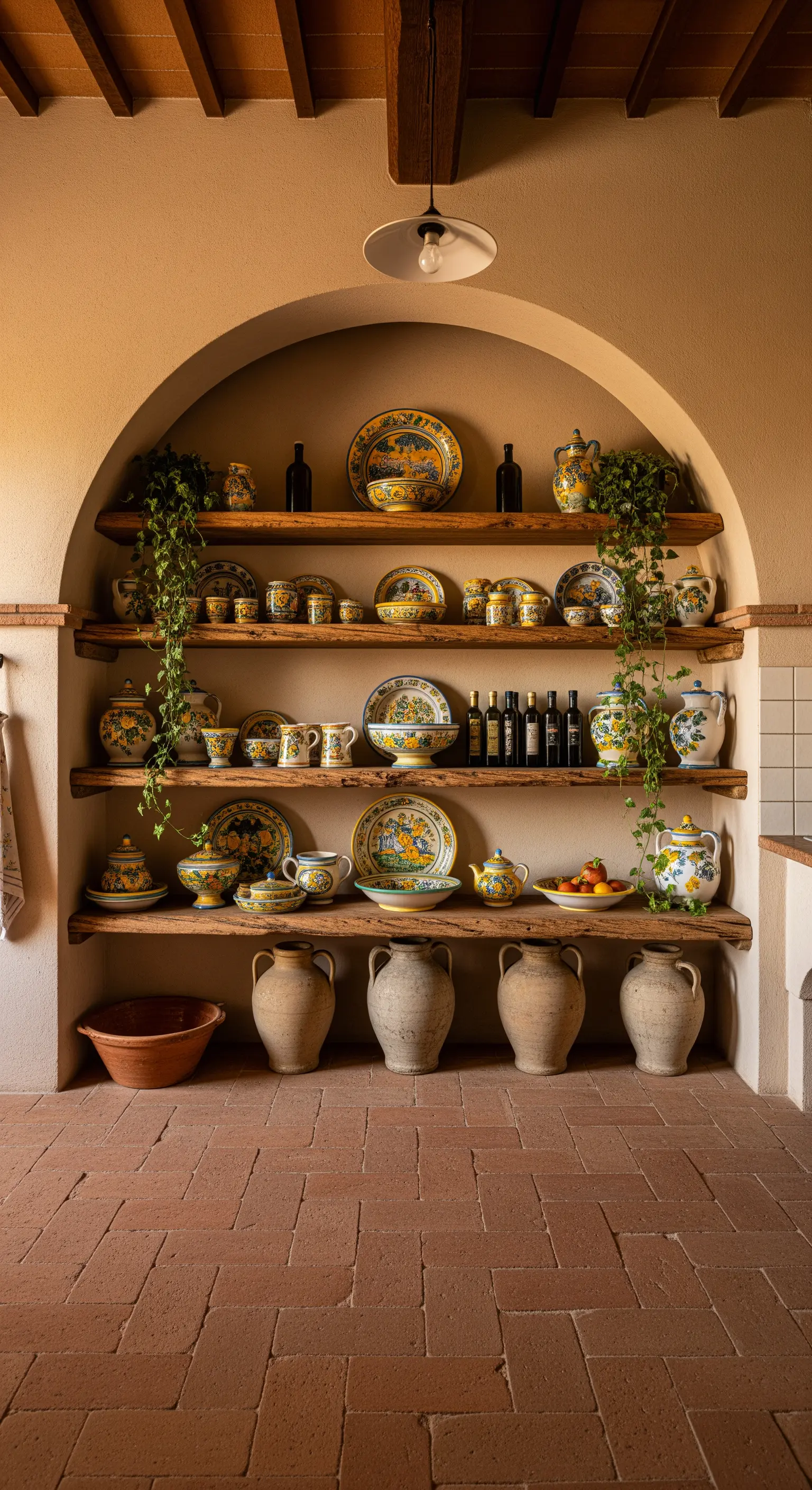 Nicchia rustica ad arco con mensole in legno e ceramiche decorate.