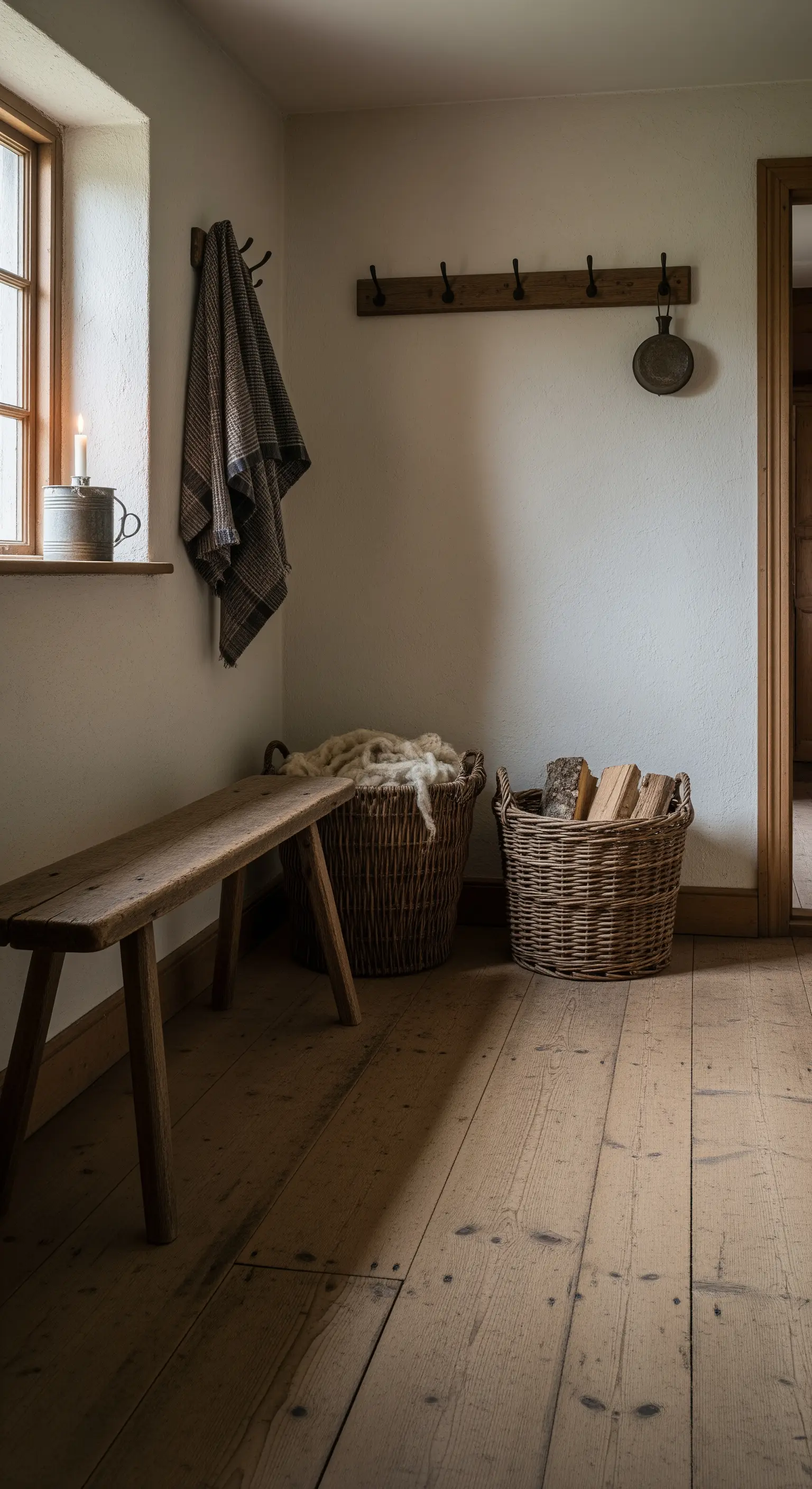 Ingresso rustico e minimale con panca in legno invecchiato, cesti e una candela alla finestra.
