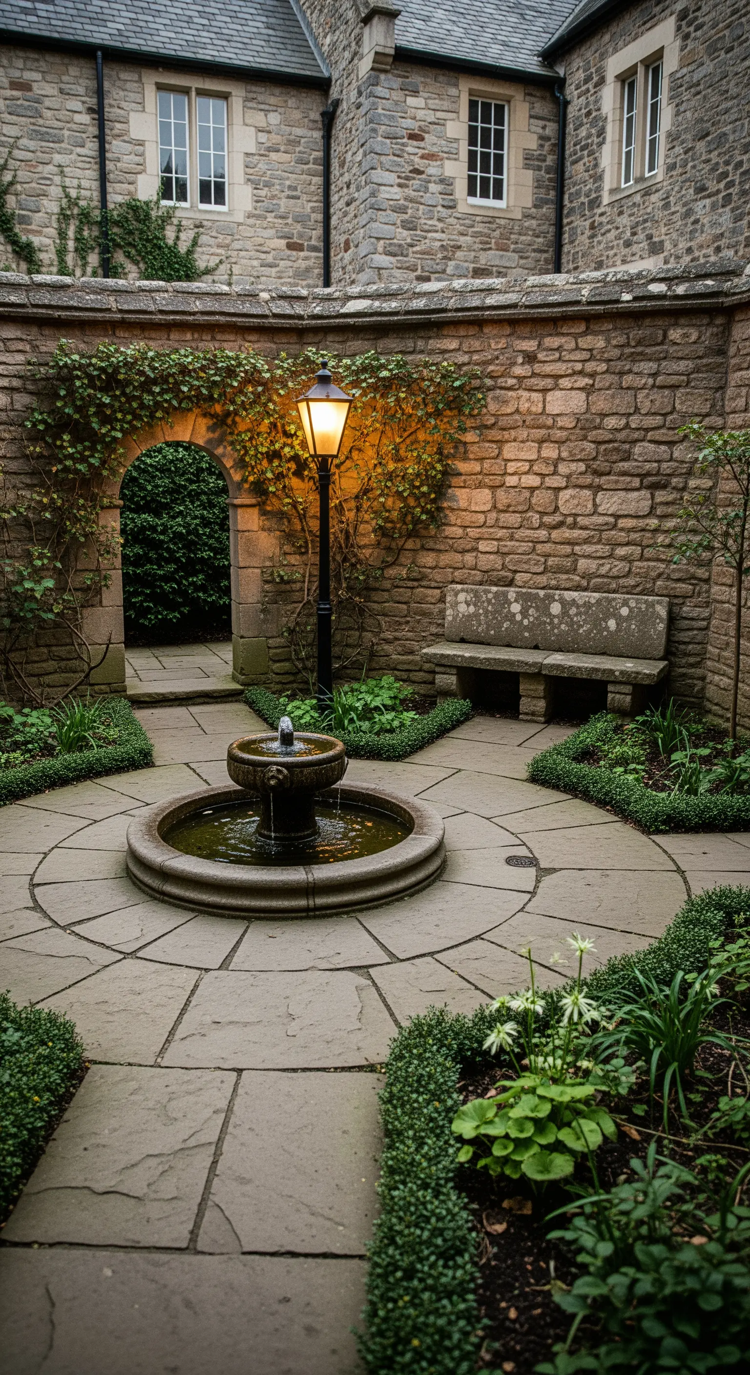 Cortile in pietra con una piccola fontana centrale, una panca e un unico lampione acceso che illumina lo spazio
