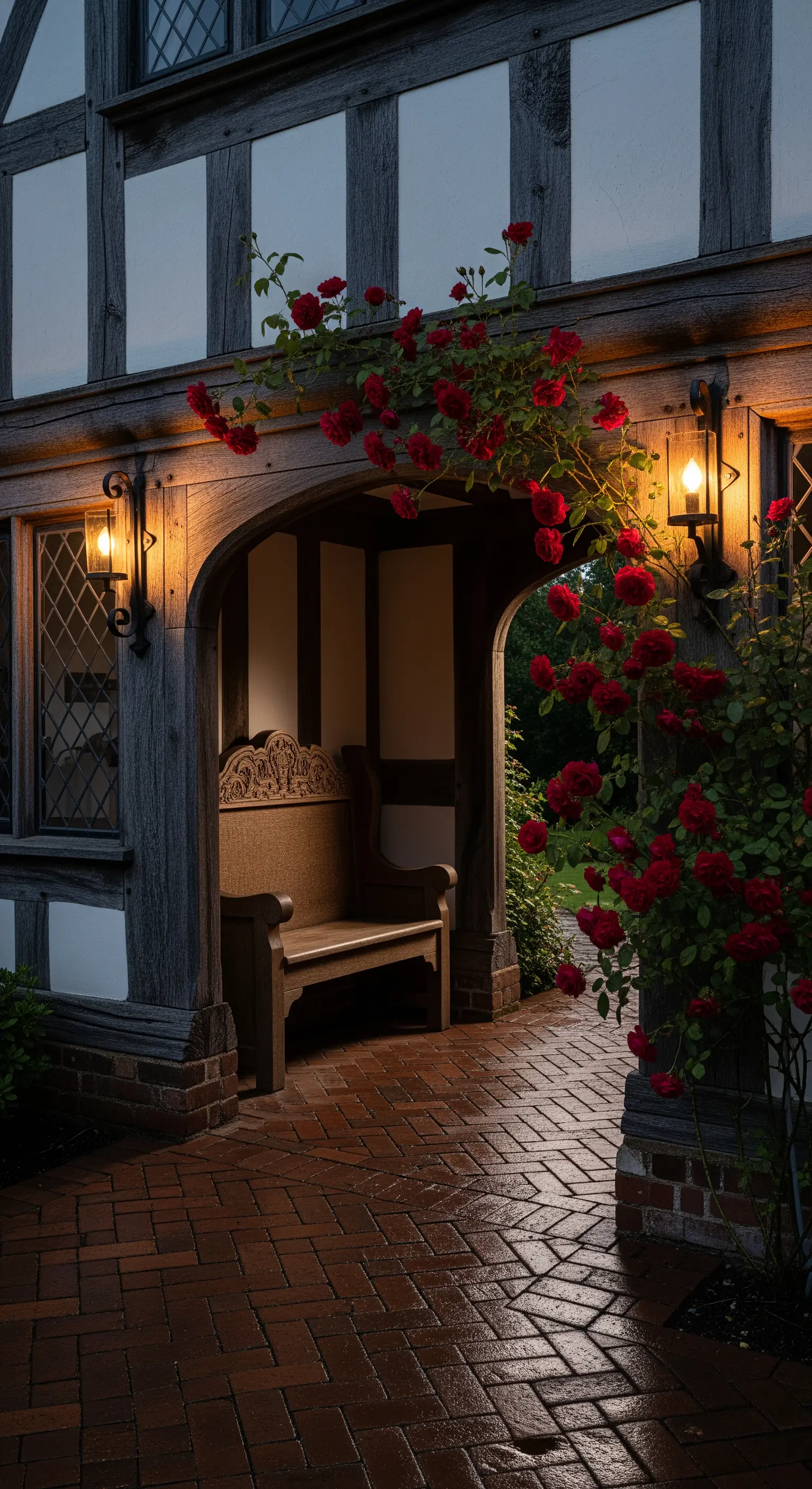 Ingresso in stile Tudor con travi in legno, arco e panca intagliata, con rose rosse.