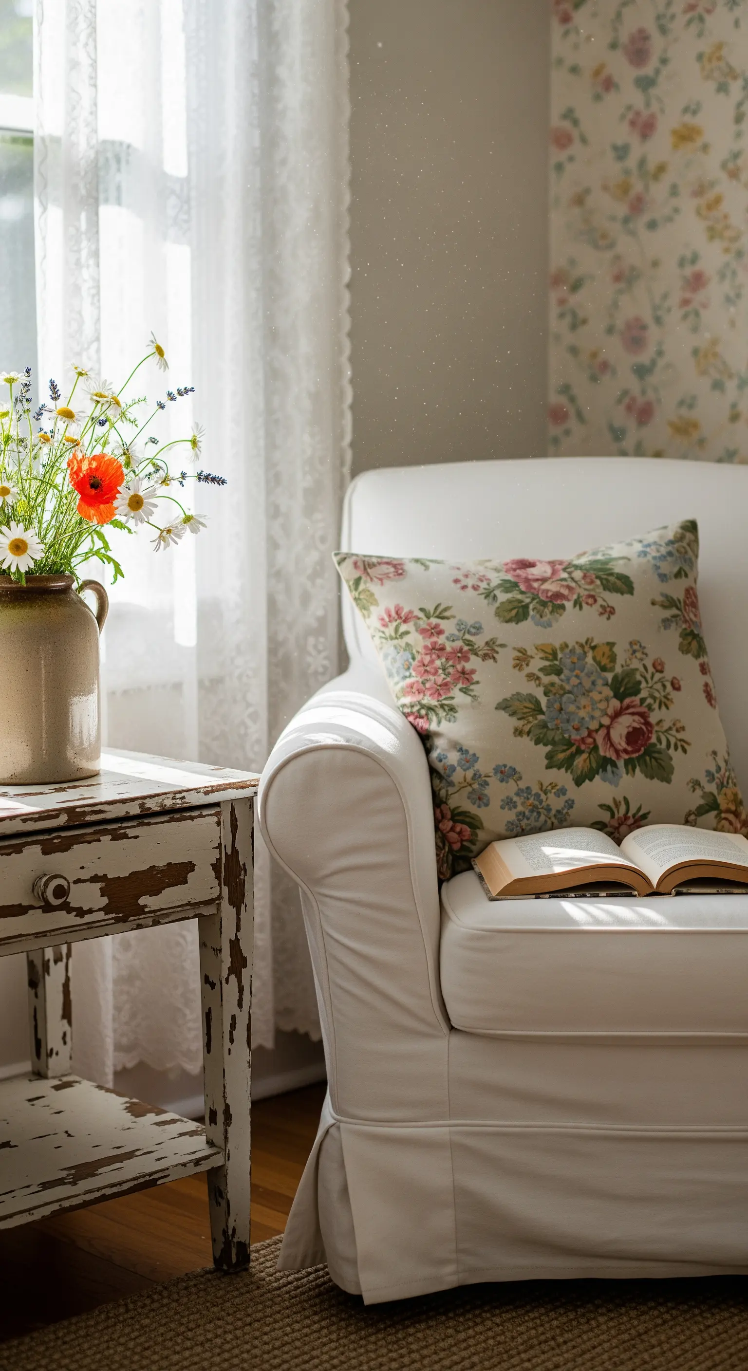 Divano bianco con cuscino floreale e tavolino decapé in stile shabby chic.