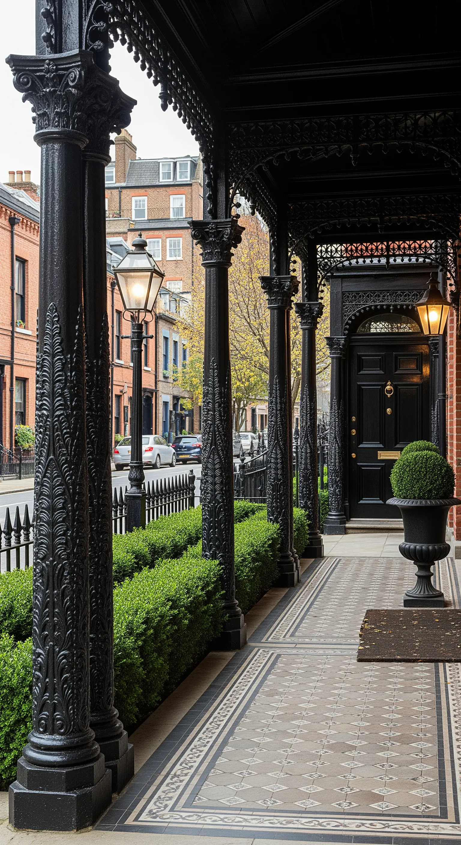 Portico vittoriano con elaborate colonne nere in ferro battuto e pavimento a mosaico.