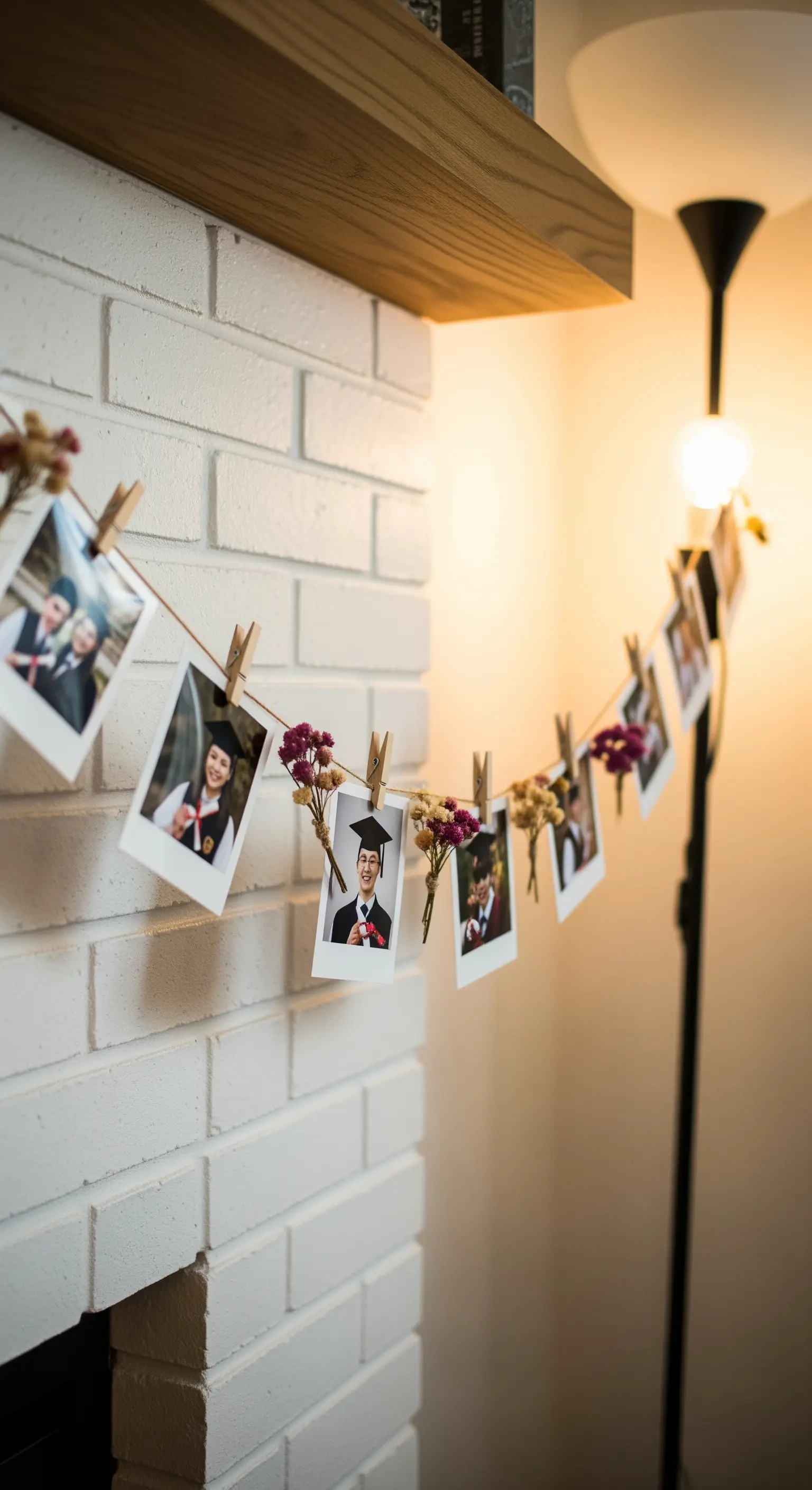 Ghirlanda di foto polaroid appese a un filo con mollette di legno e piccoli fiori secchi