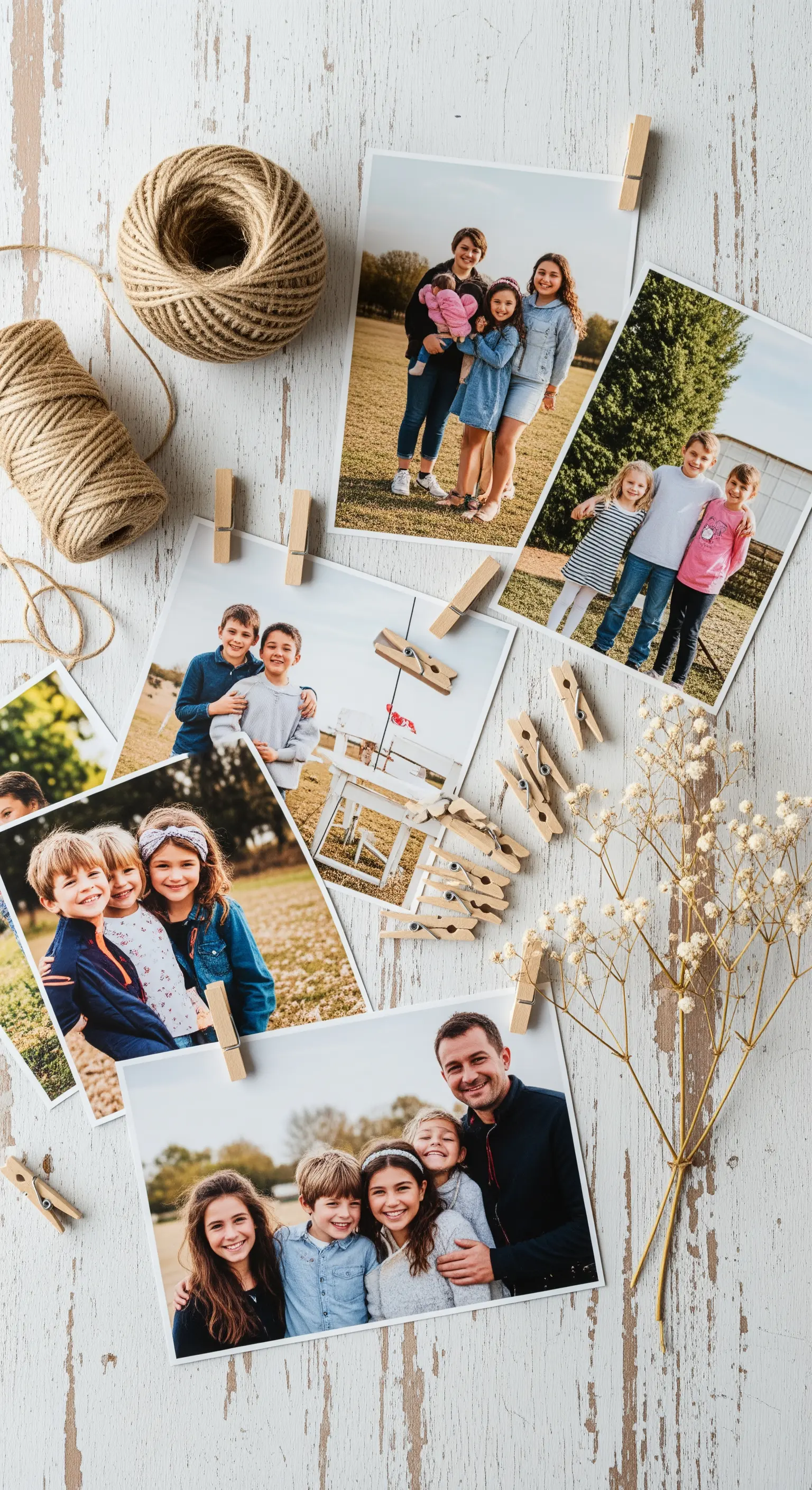 Foto di famiglia sparse su un tavolo di legno bianco con spago e mollette per appenderle.