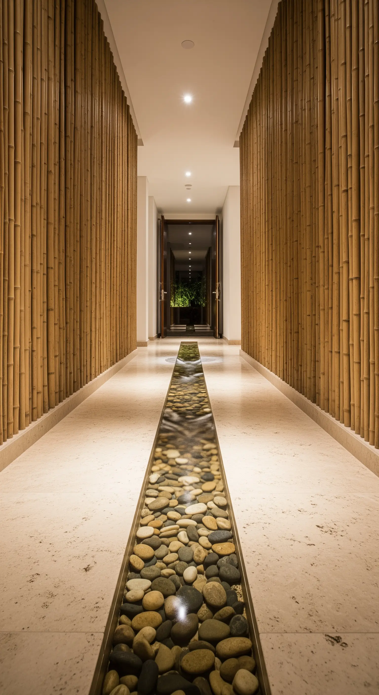Corridoio con canale d'acqua e ciottoli sotto un pavimento in vetro e pareti di bambù.