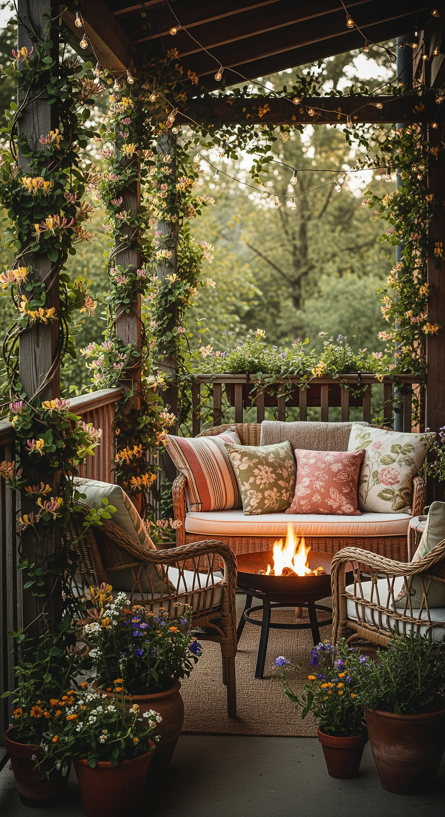Salotto in vimini con cuscini floreali e a righe attorno a un piccolo braciere acceso.