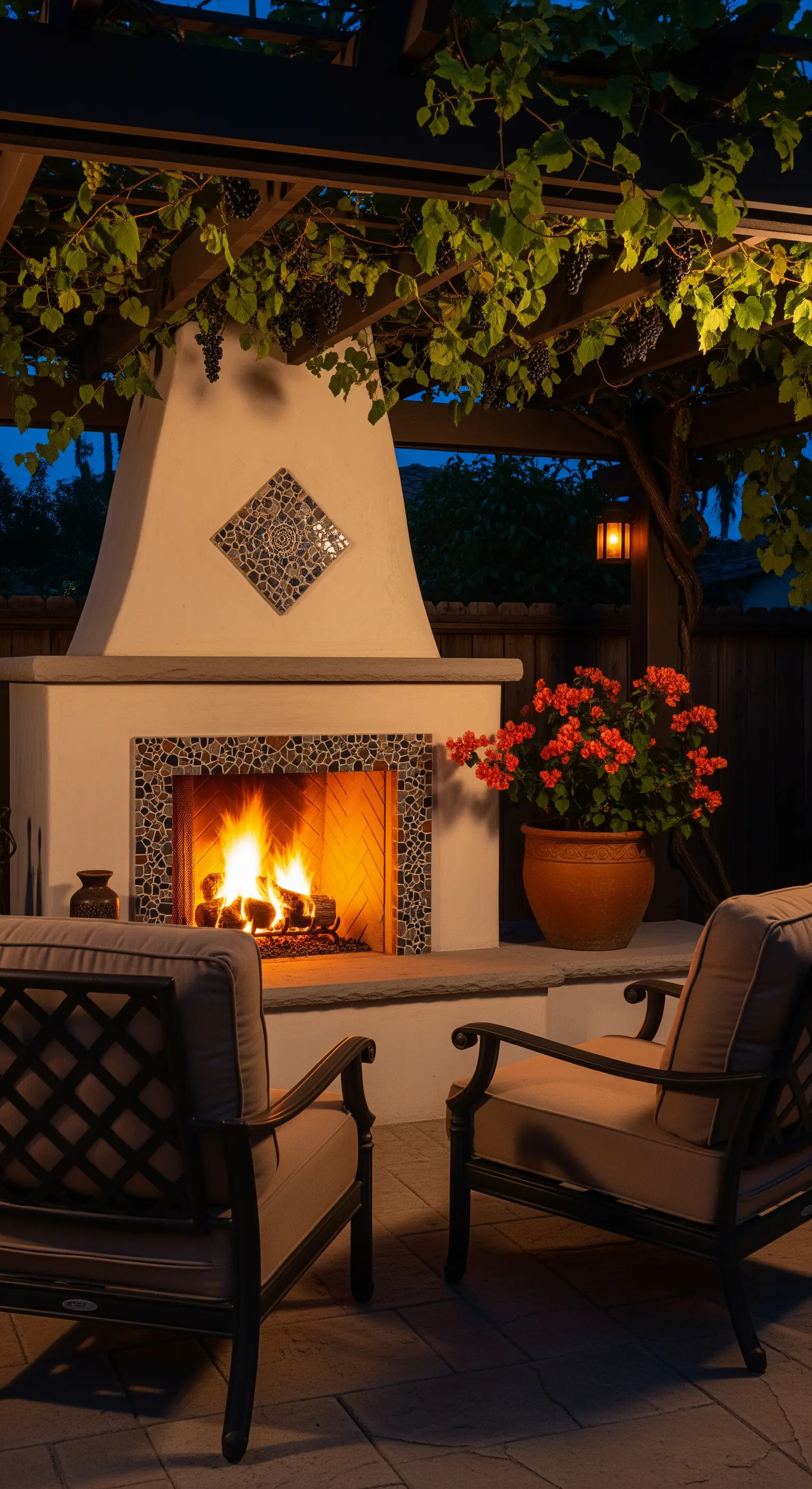 Camino da esterno con dettagli a mosaico acceso di notte sotto un pergolato.