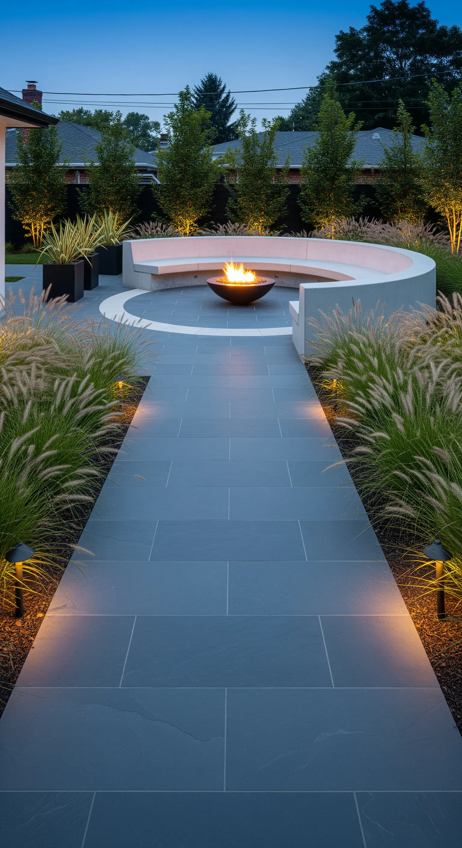 Area esterna moderna con una panca curva in cemento attorno a un braciere acceso e un sentiero illuminato.