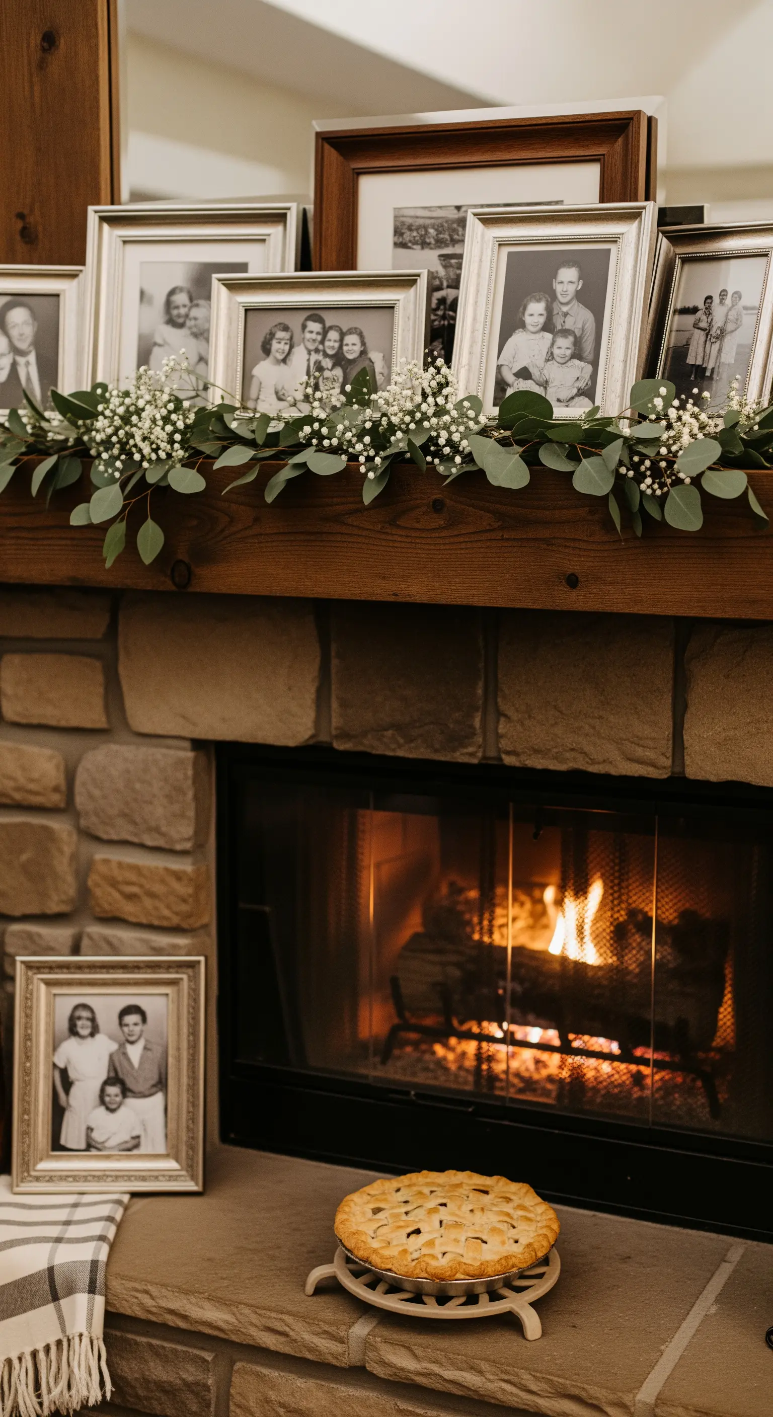 Foto di famiglia in cornici d'argento sulla mensola del camino, decorate con eucalipto.