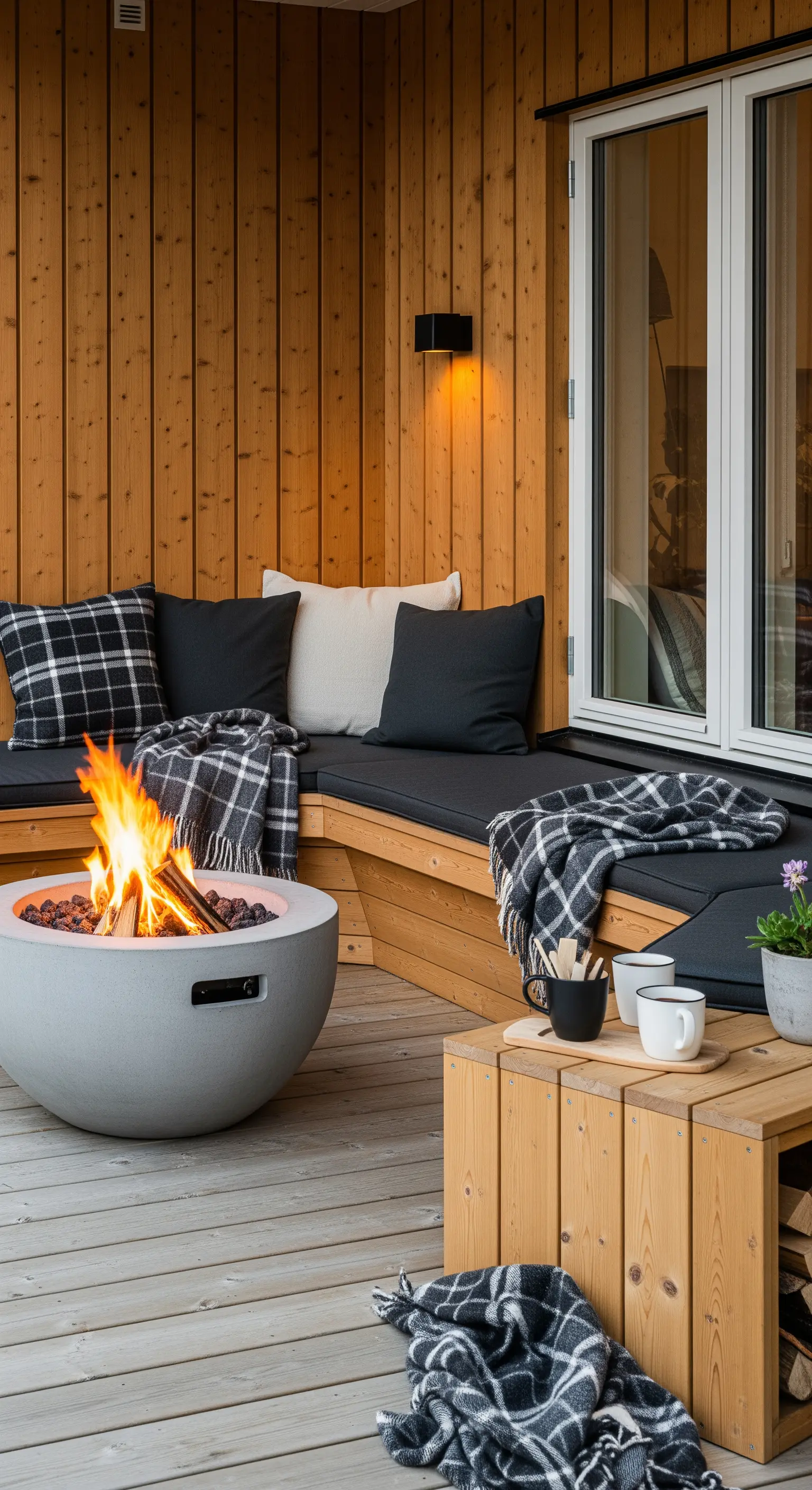 Veranda in legno con panca angolare nera, braciere in cemento acceso e plaid a quadri