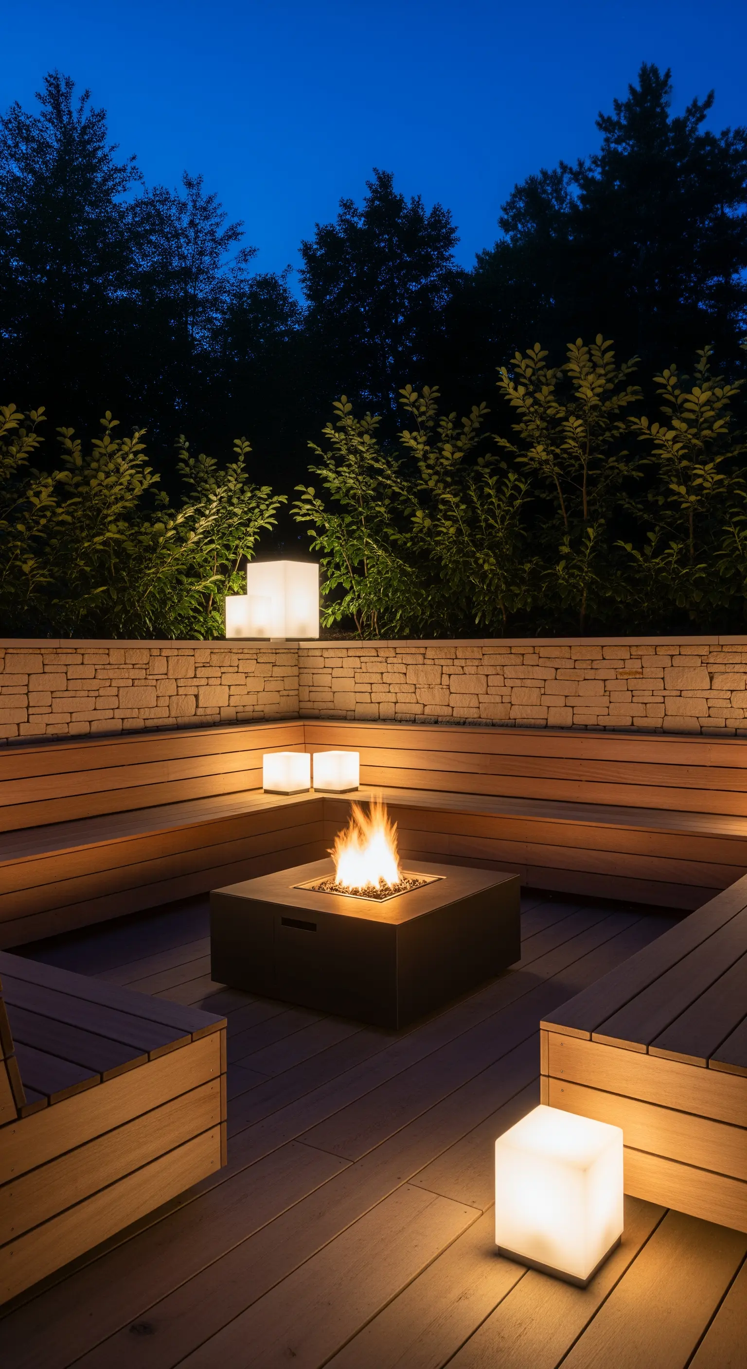 Patio con sedute in legno integrate, braciere centrale e cubi luminosi come illuminazione.
