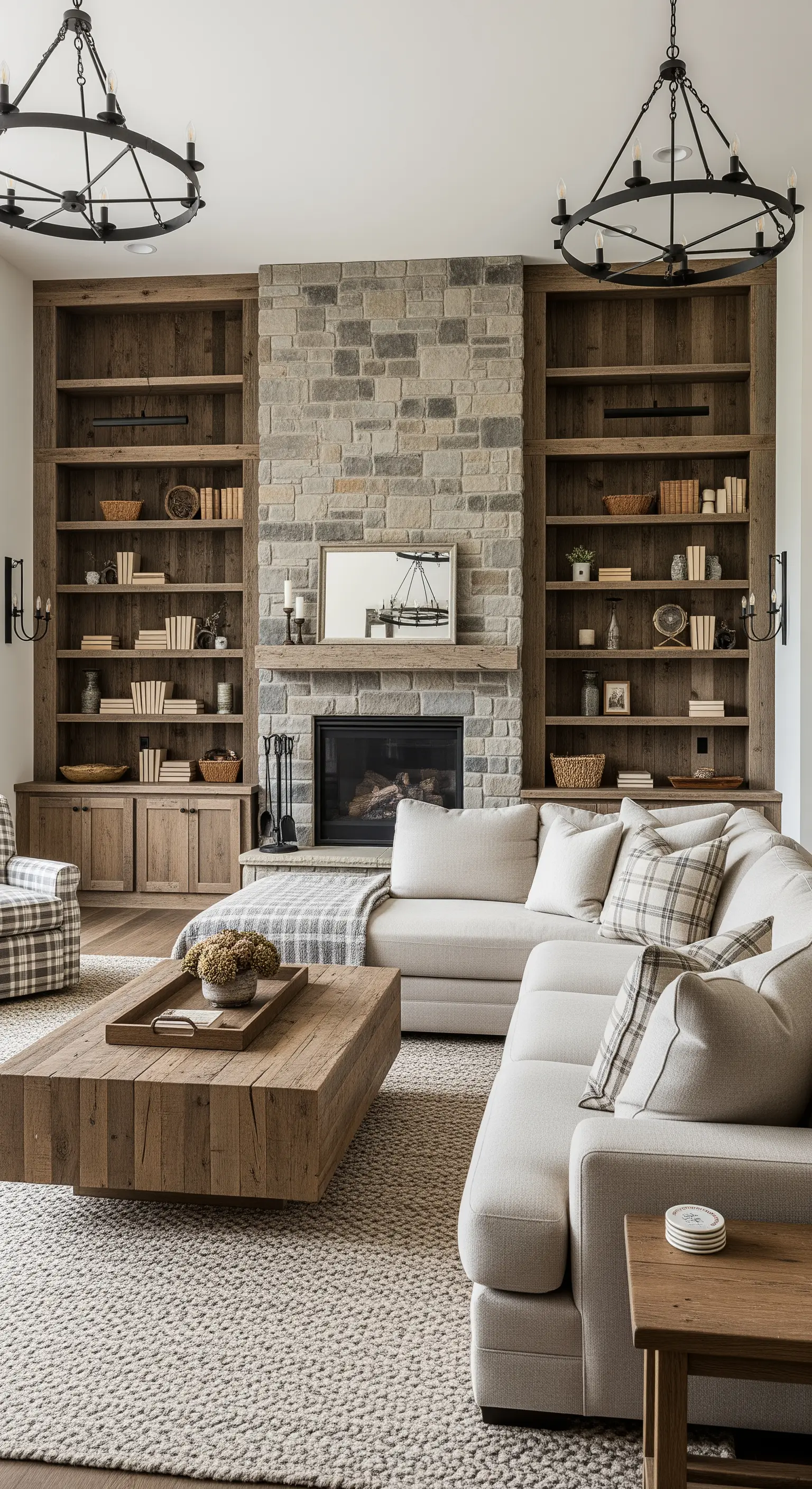 Librerie in legno che affiancano un camino in pietra in un salotto rustico moderno.