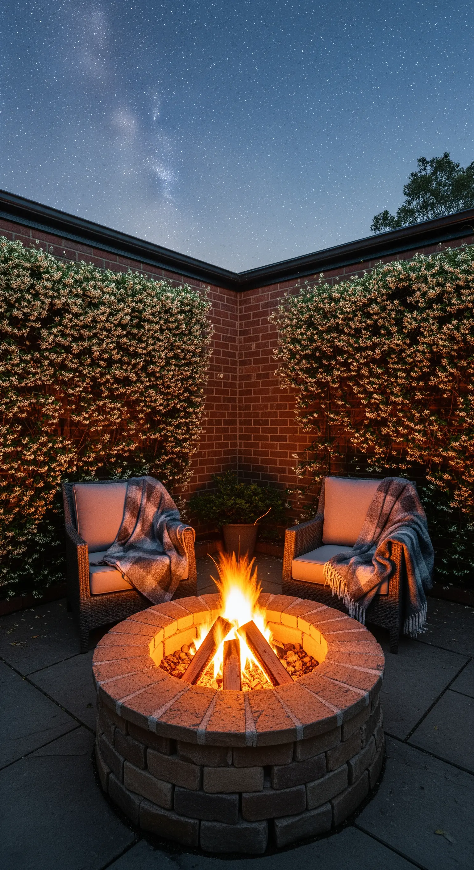 Braciere acceso tra due poltrone con plaid, in un angolo di un patio con pareti di rampicanti.