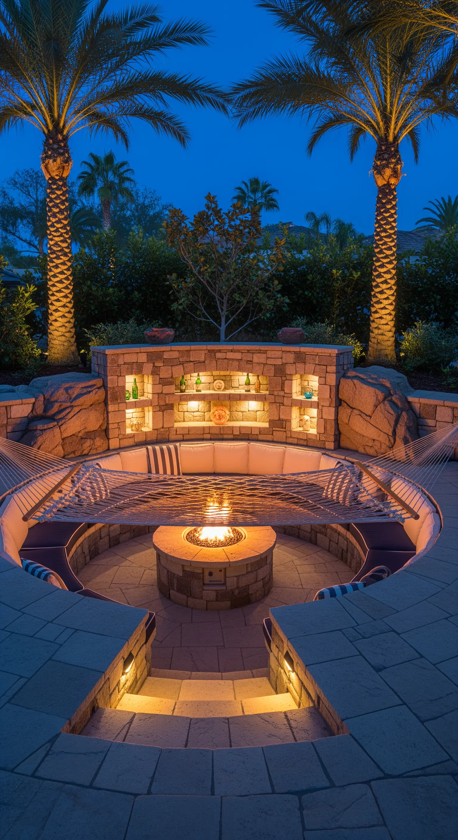 Patio notturno con braciere centrale, sedute circolari, bar illuminato e amache sospese.