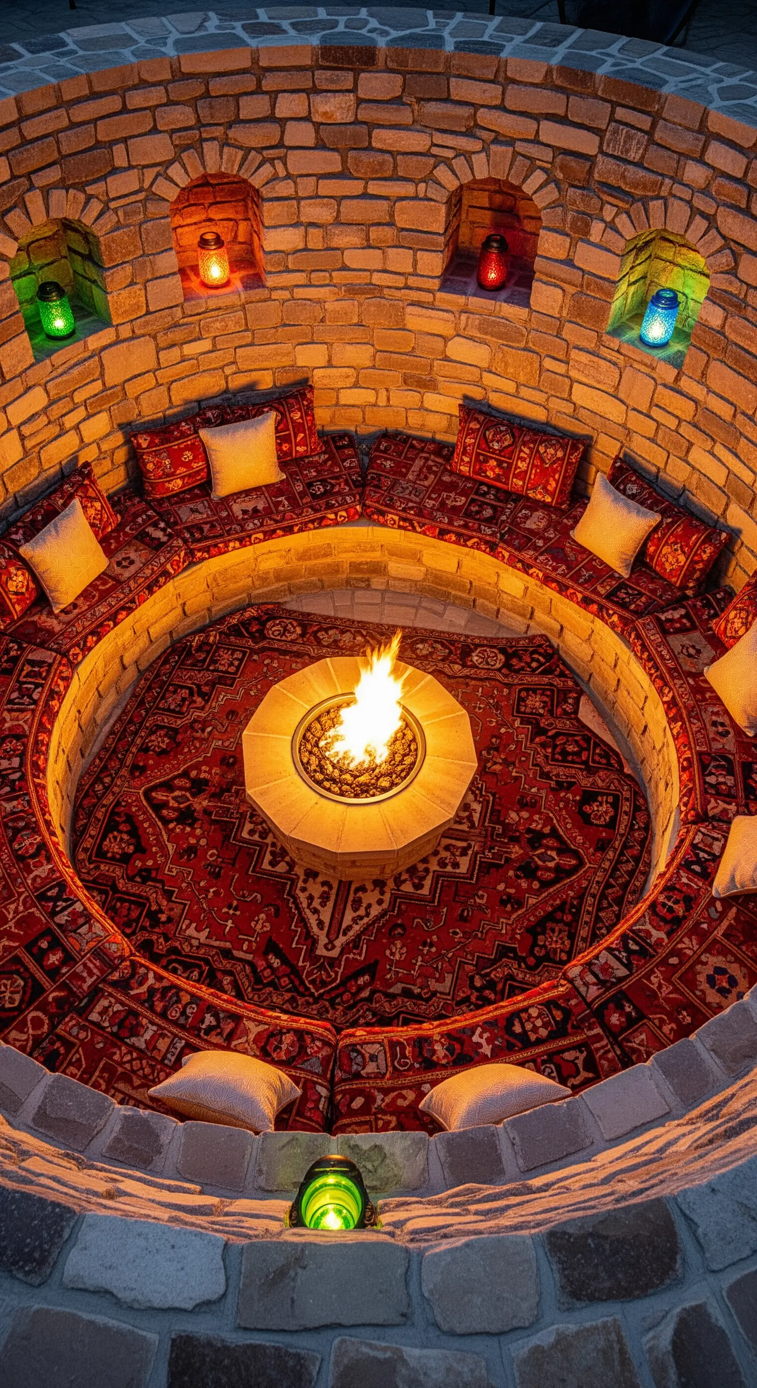 Braciere circolare in mattoni con sedute integrate e lanterne colorate in nicchie.