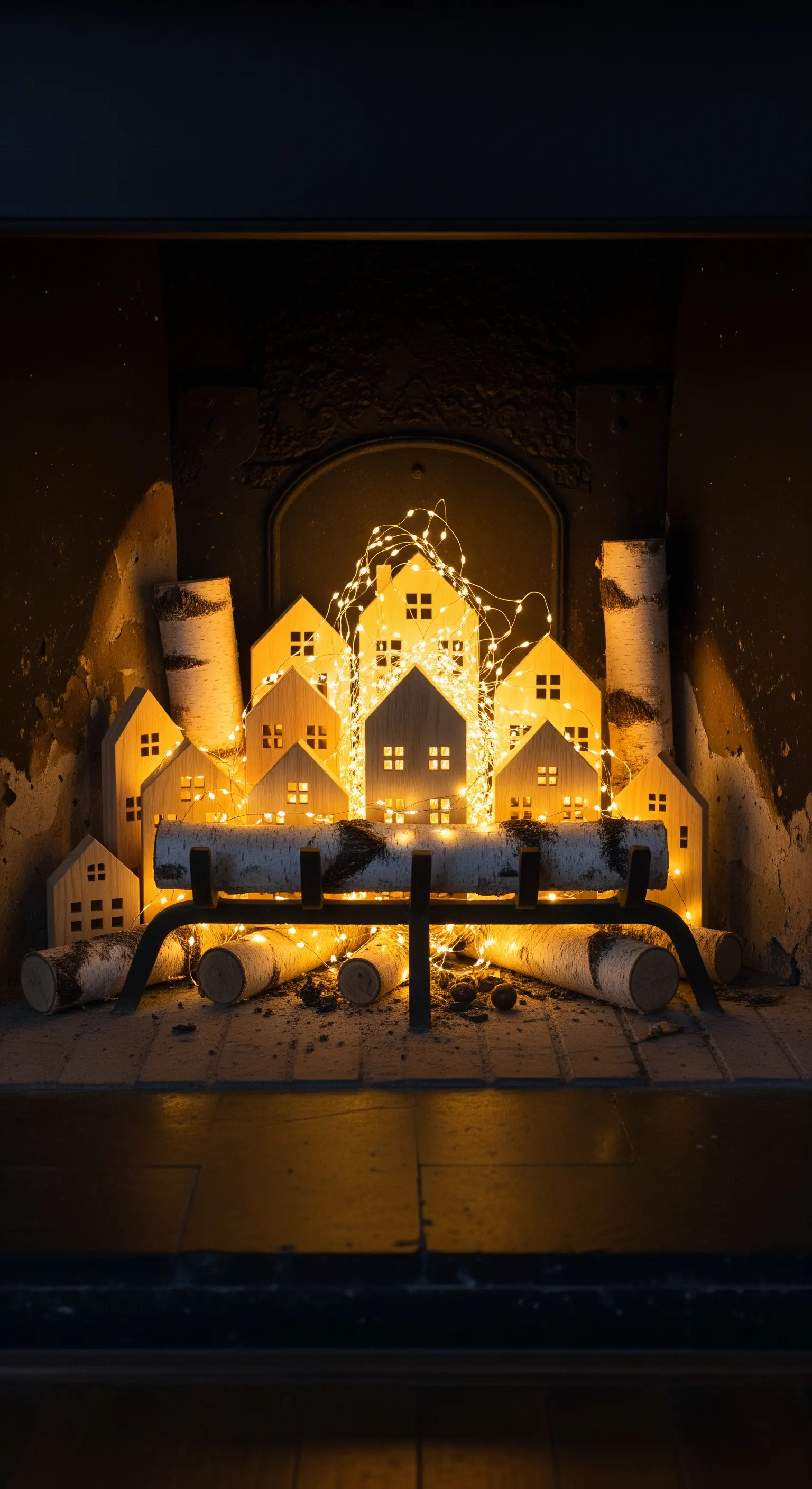 Casette di legno e tronchi di betulla illuminati da fairy lights dentro un camino spento.