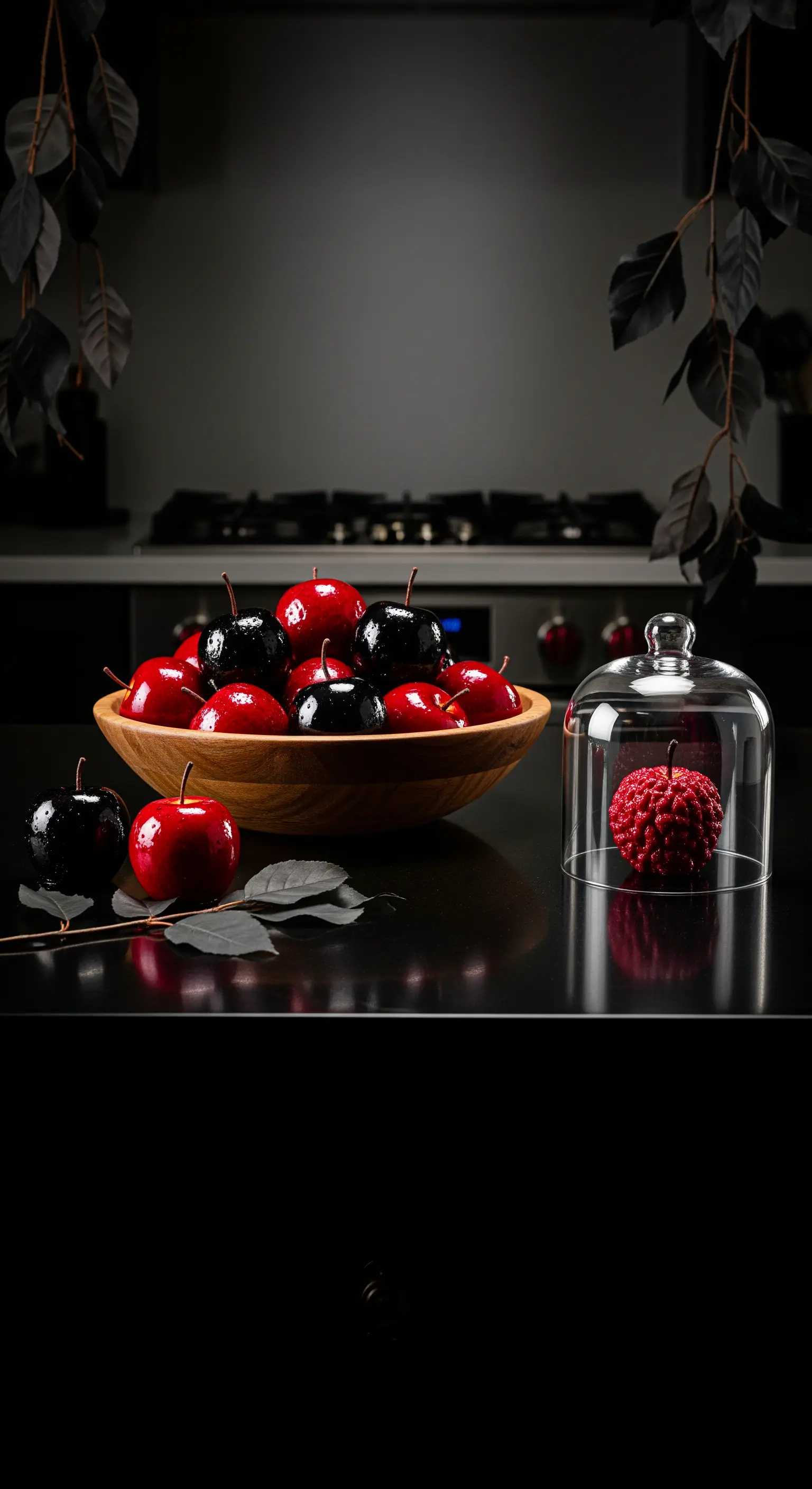 Ciotola di legno con mele rosse e nere lucide su un bancone scuro in cucina.