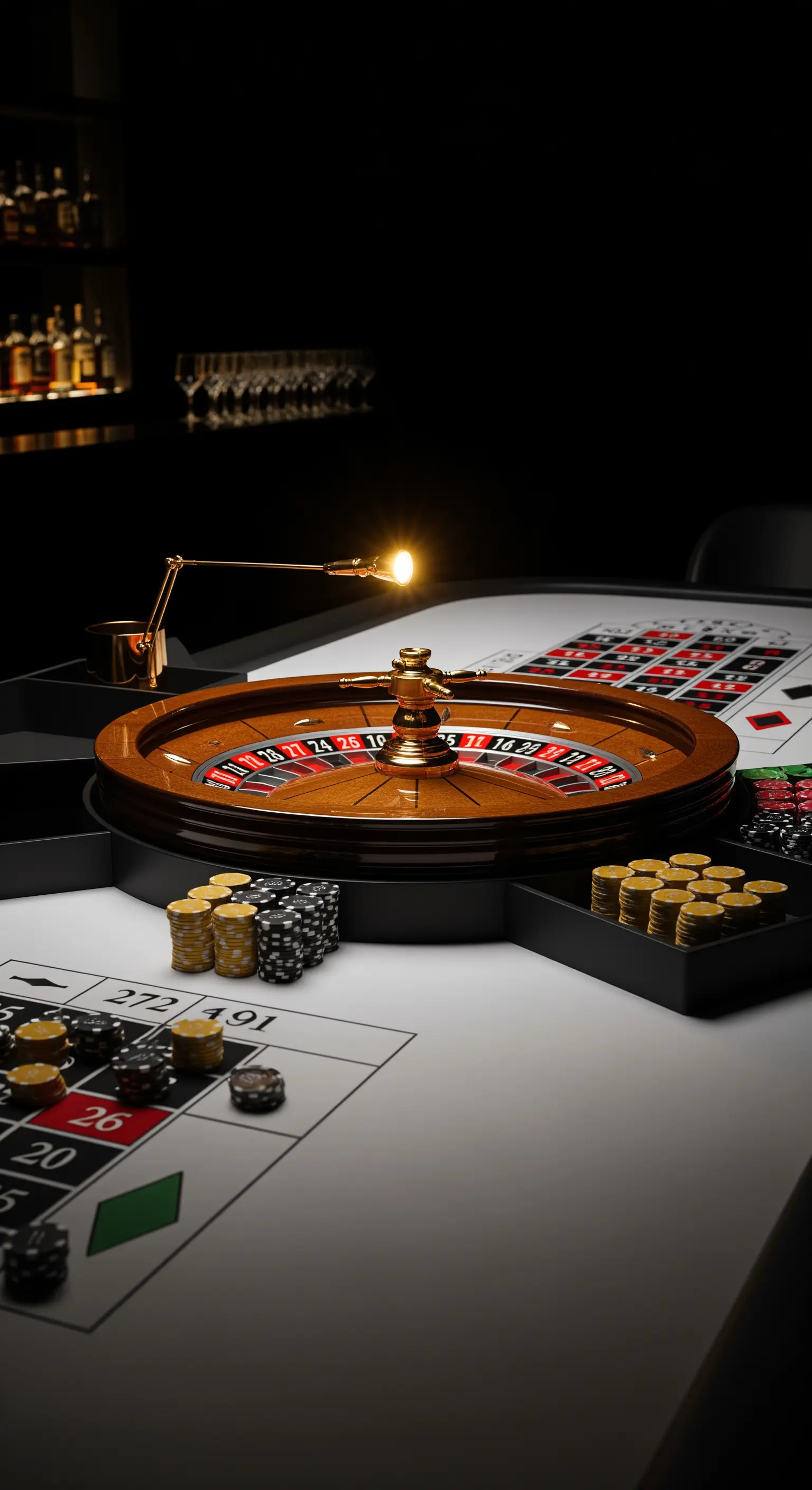 Dettaglio di una roulette illuminata da una lampada, con fiches e panno da gioco in primo piano.