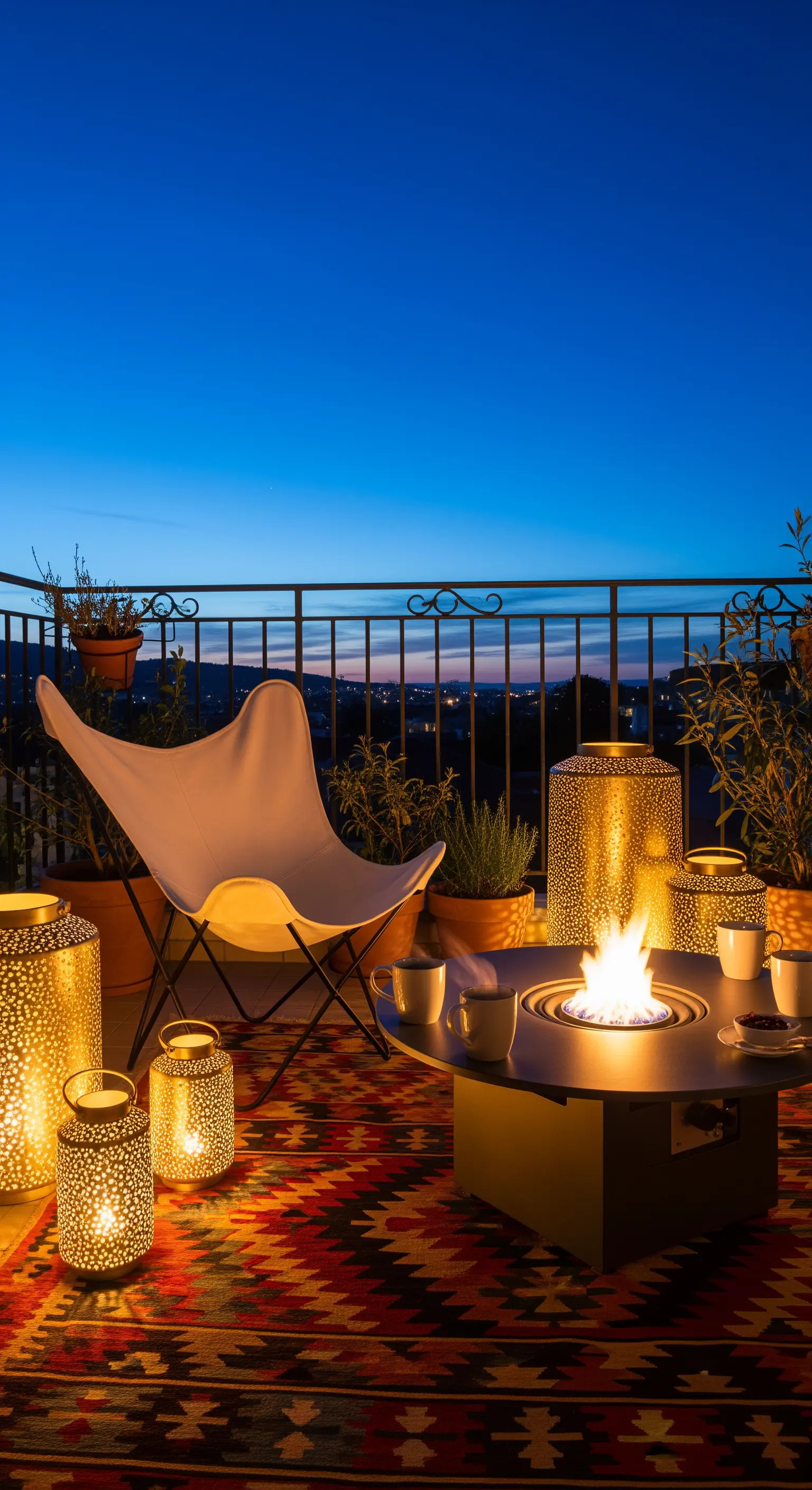Terrazza di notte con tavolo-braciere acceso, sedia Butterfly e lanterne dorate su tappeto kilim.