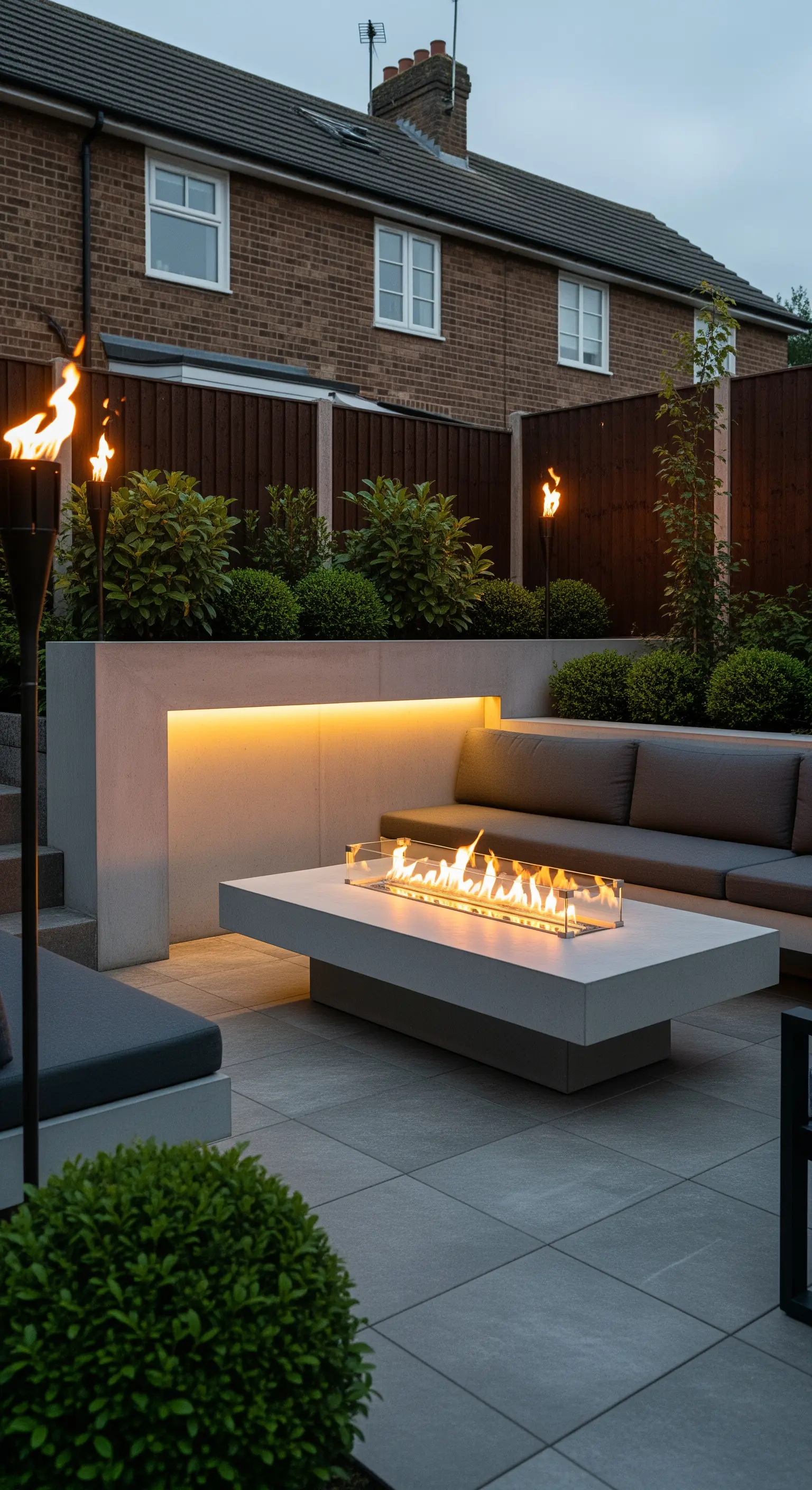 Patio moderno con divani in muratura, illuminazione LED integrata e un braciere a gas centrale.