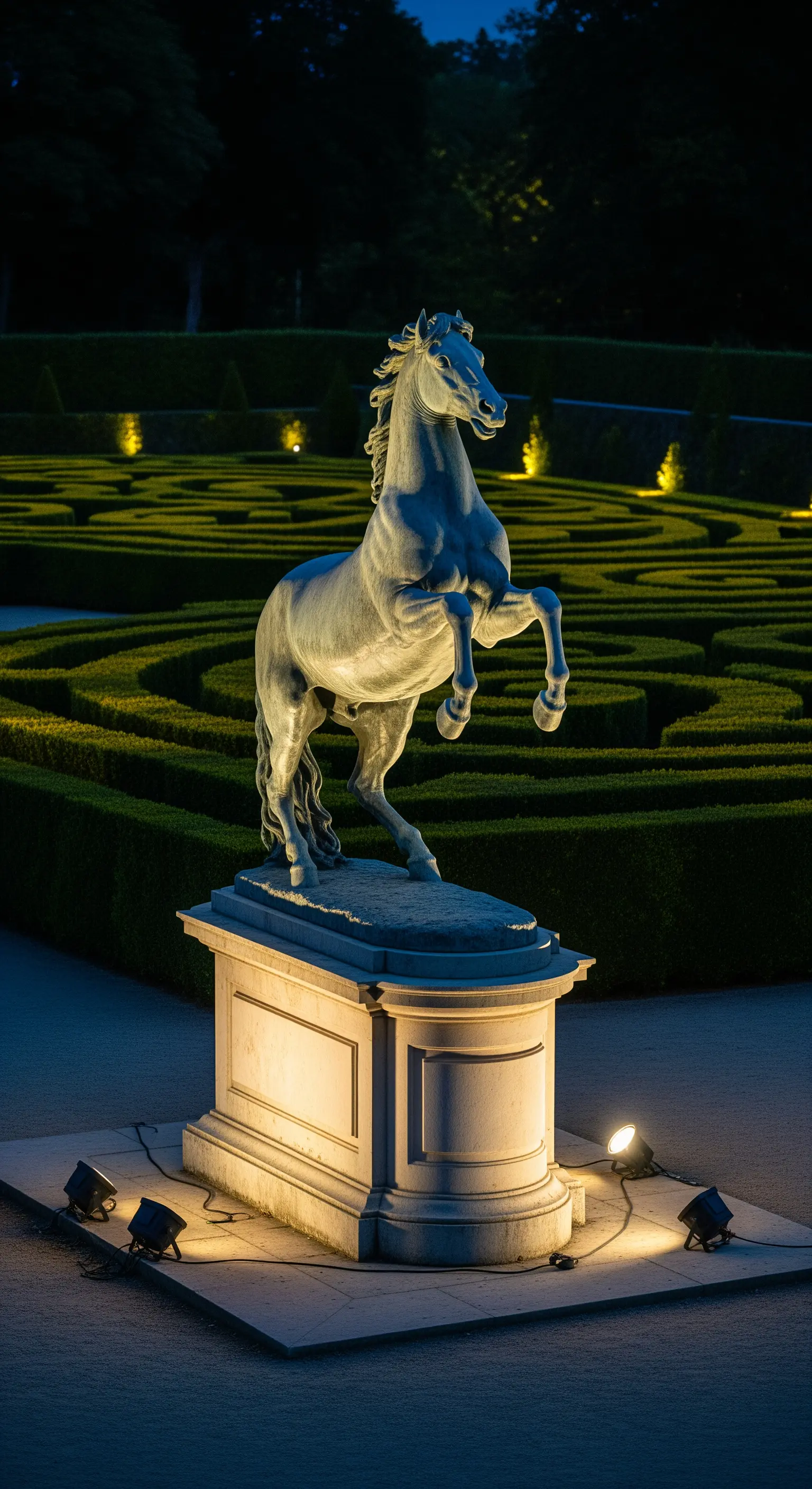 Statua equestre illuminata da faretti su un piedistallo, con un labirinto di siepi sullo sfondo.