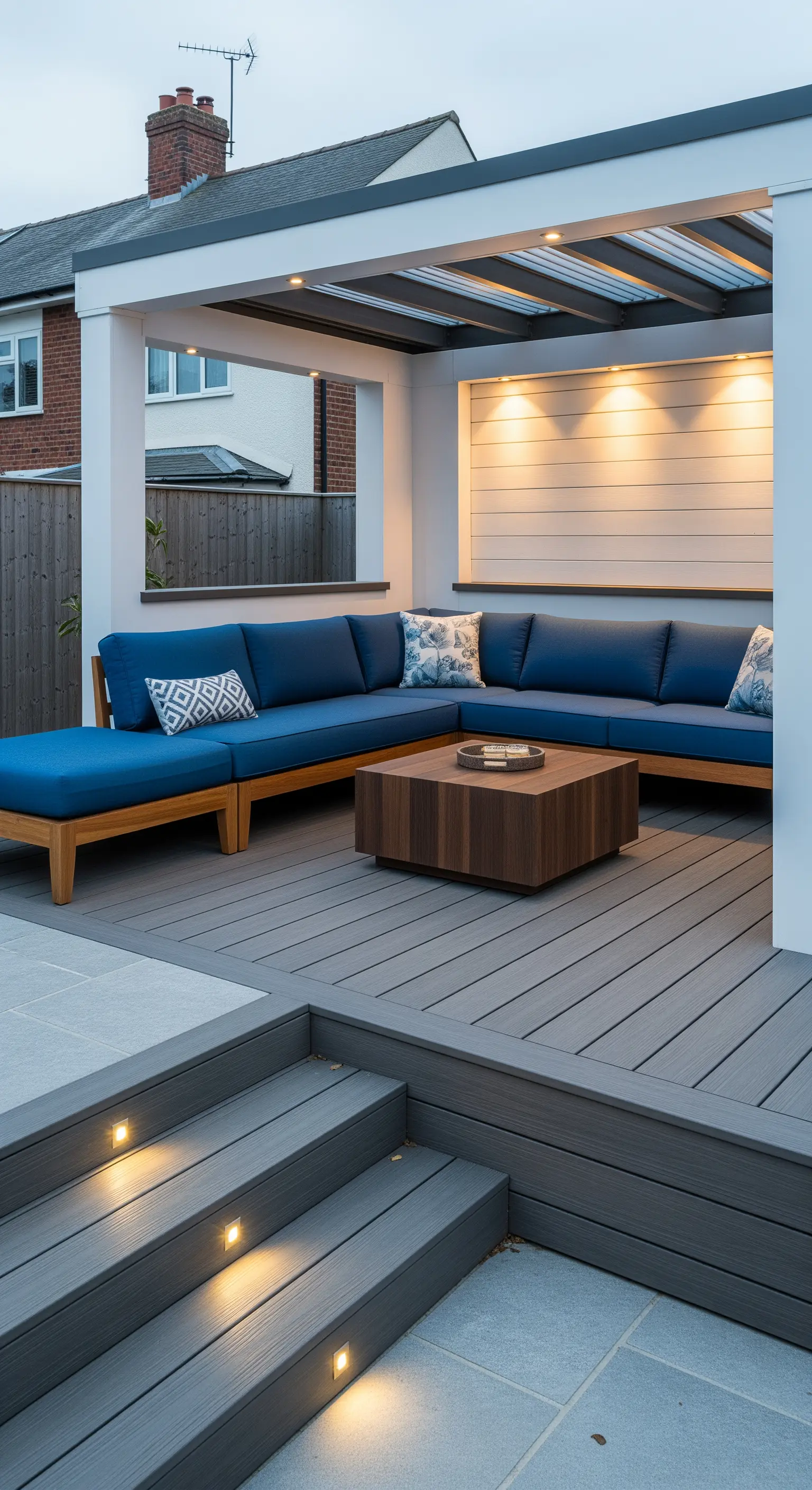 Gazebo moderno con divano angolare blu e illuminazione a faretti integrata nel soffitto.