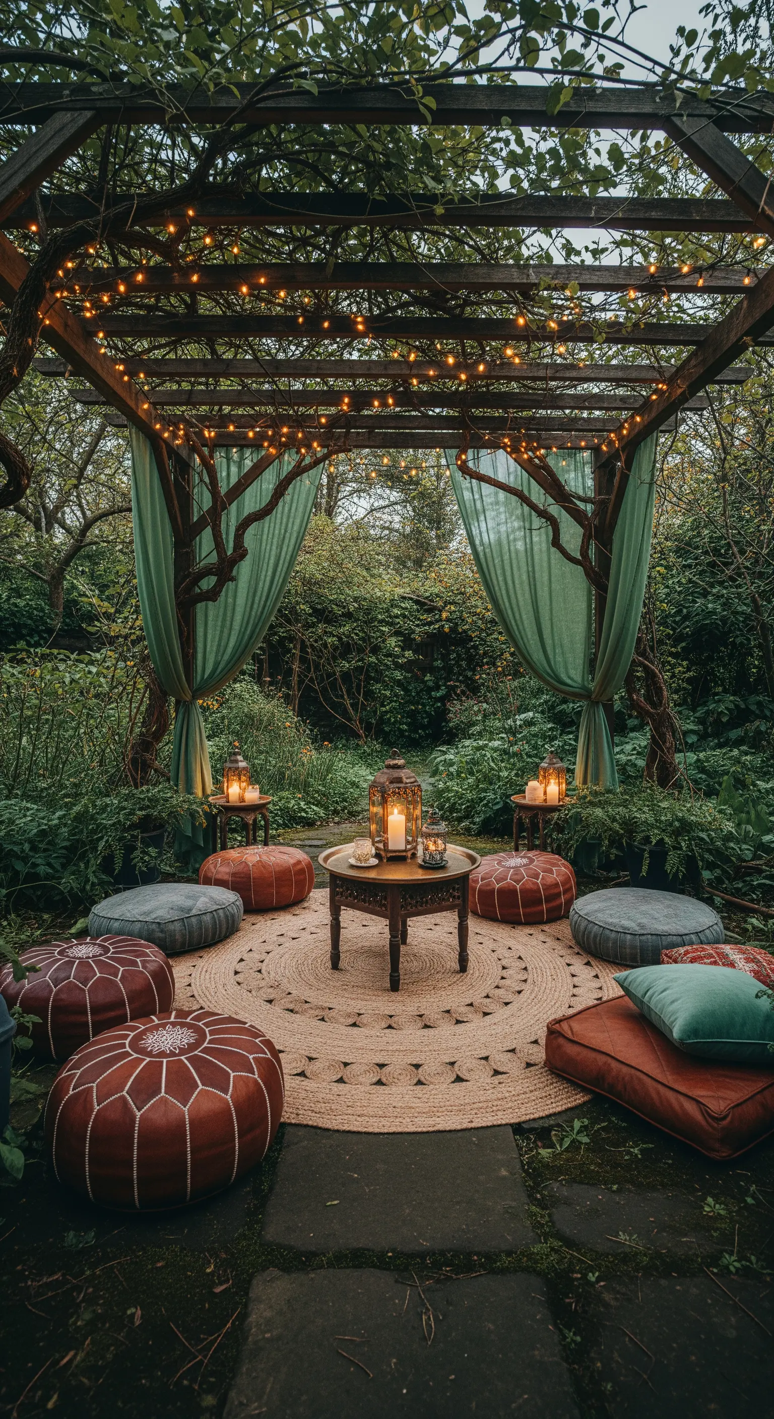 Pergola in legno con tende verdi, pouf marocchini e lanterne in un giardino lussureggiante.