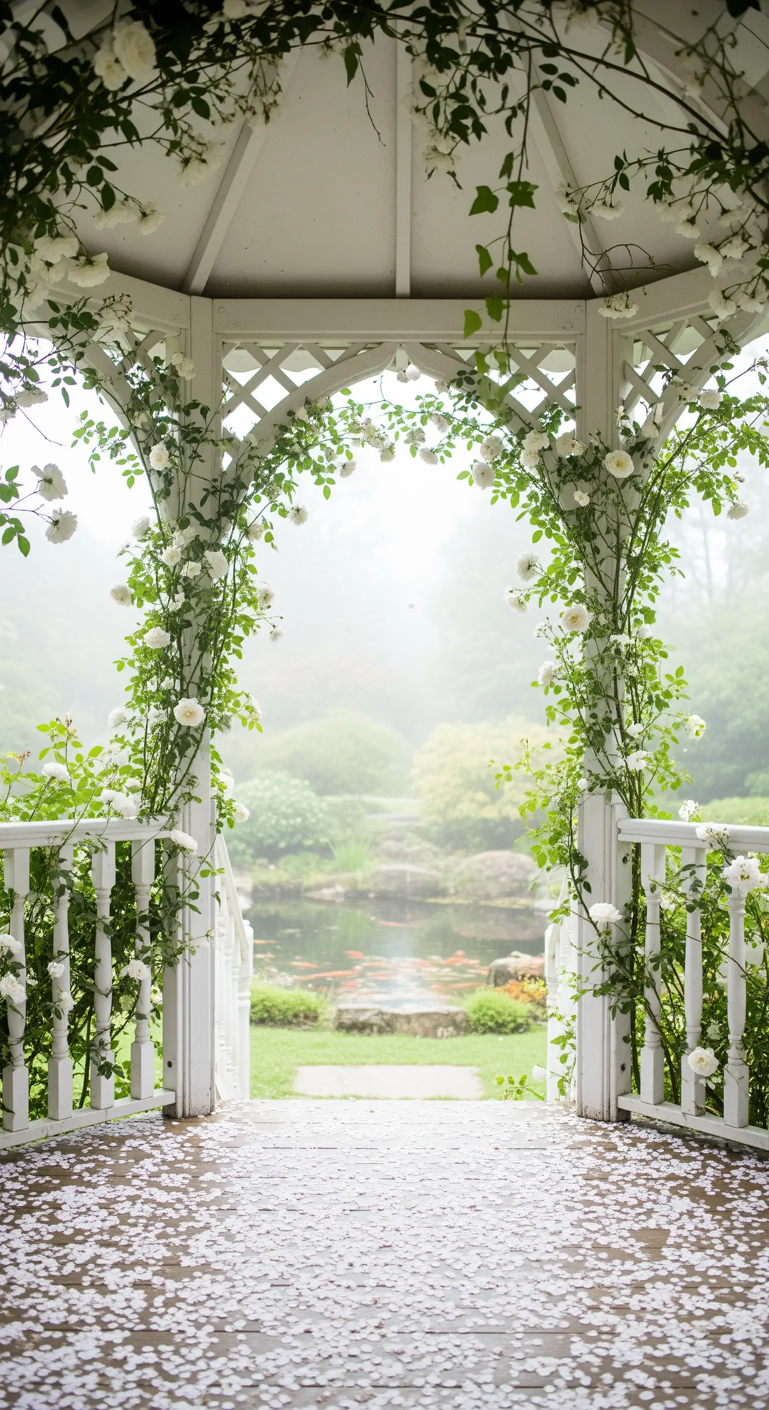Gazebo bianco decorato con rose bianche e petali sul pavimento, affacciato su un laghetto.