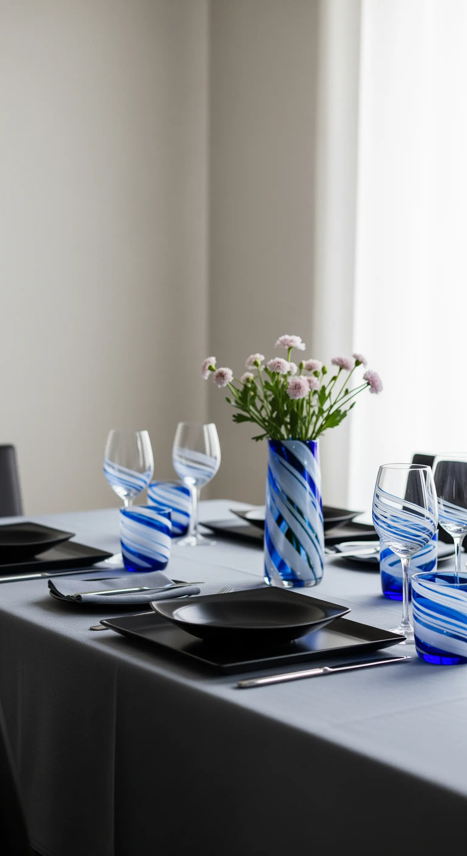 Tavola moderna con tovaglia grigia, piatti neri e bicchieri decorati con un motivo a spirale blu