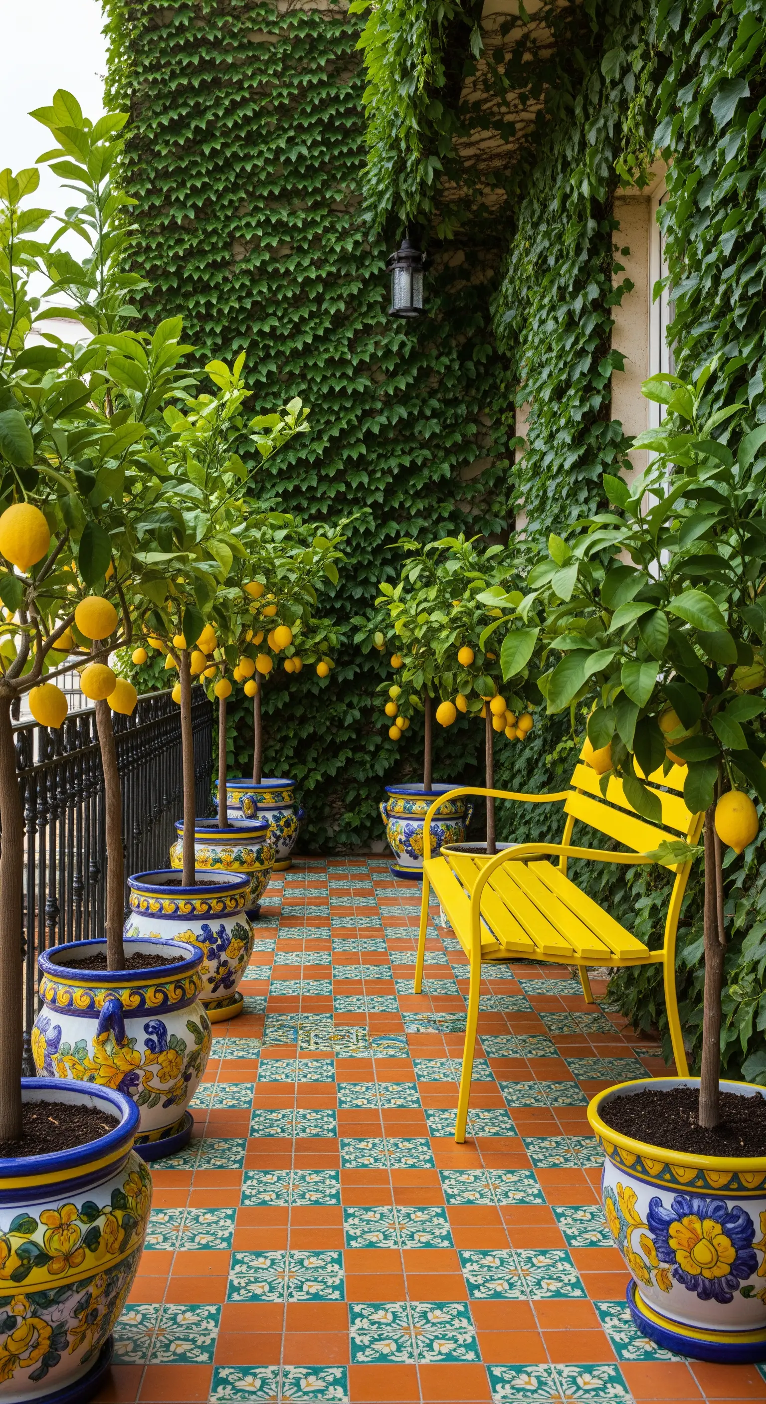Balcone con parete di edera, una panca gialla e vasi di limoni in ceramica decorata.