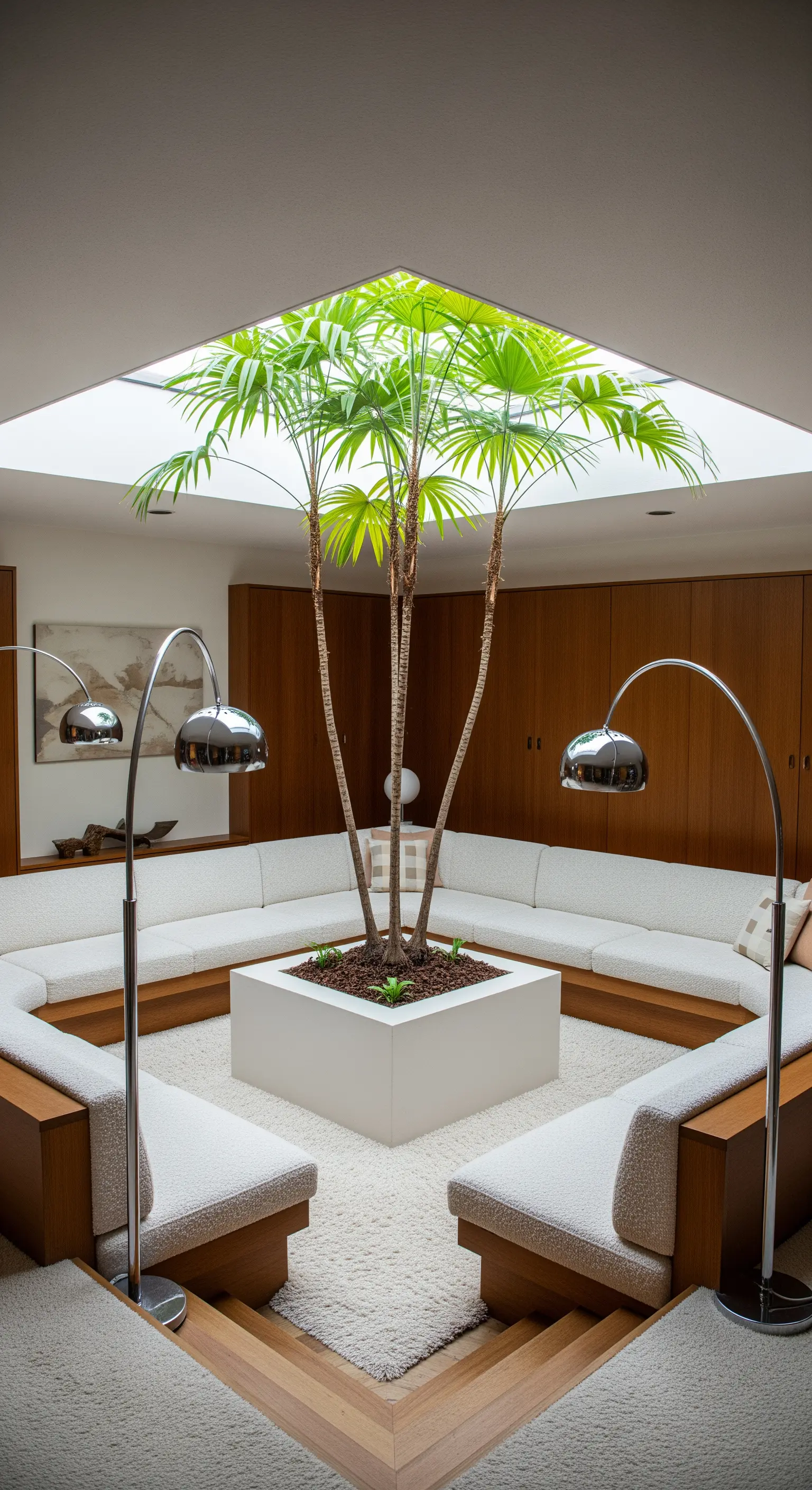 Gruppo di palme in una fioriera bianca centrale in un salotto con divani disposti intorno.