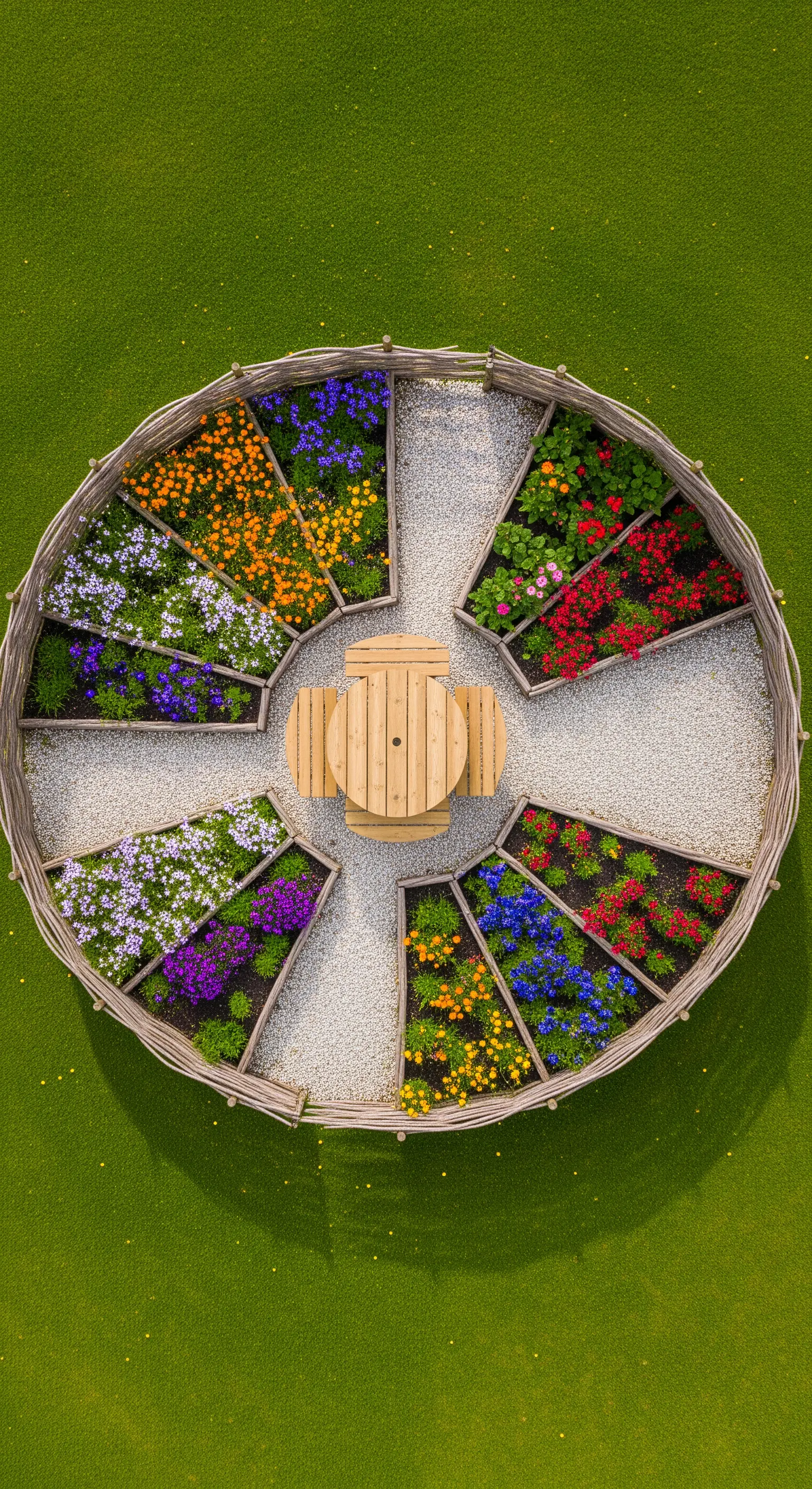 Giardino circolare visto dall'alto, con aiuole a spicchi colorati e un tavolo al centro.